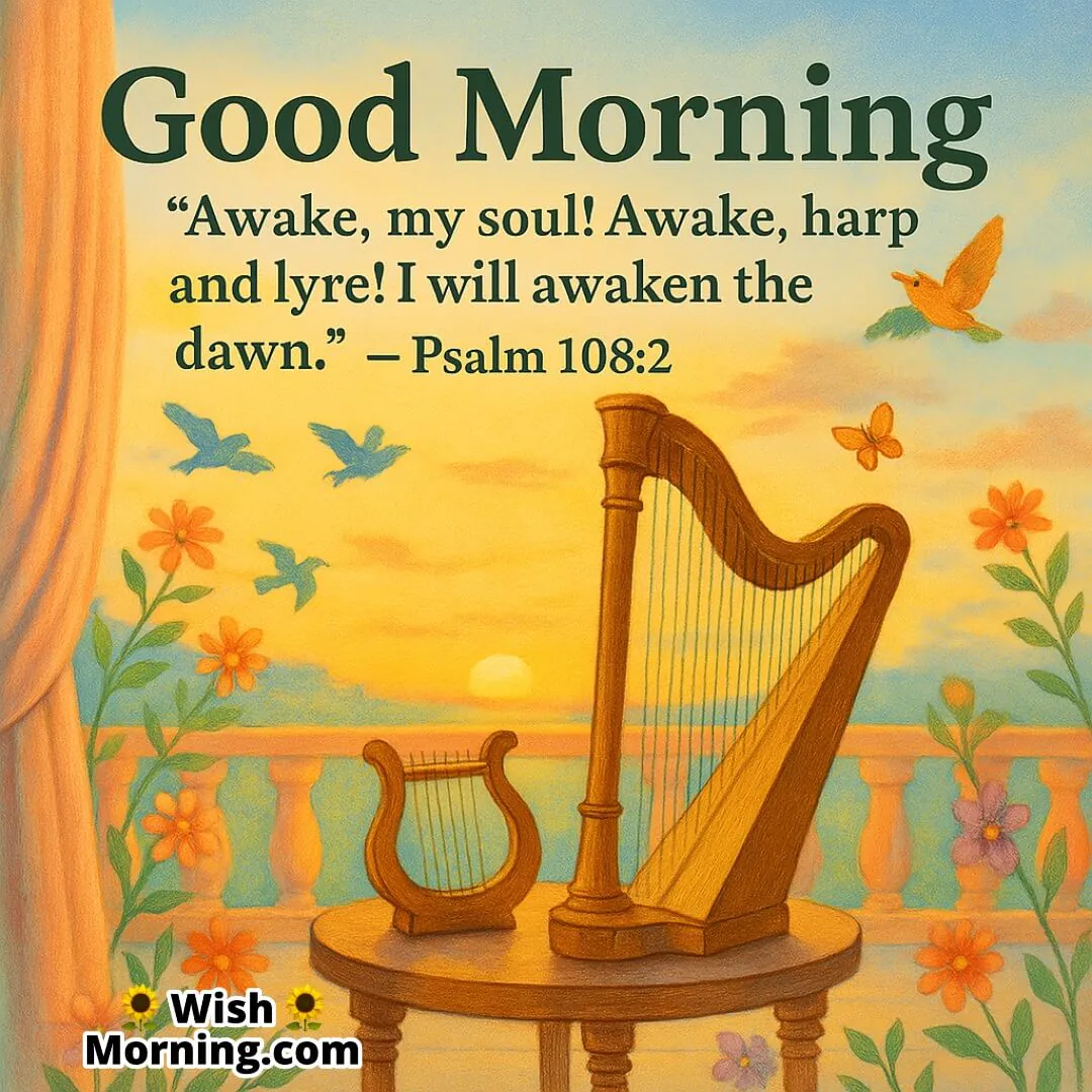 Good Morning with Psalm 108:2, featuring harp and lyre in a vibrant sunrise setting symbolizing joyful spiritual awakening.