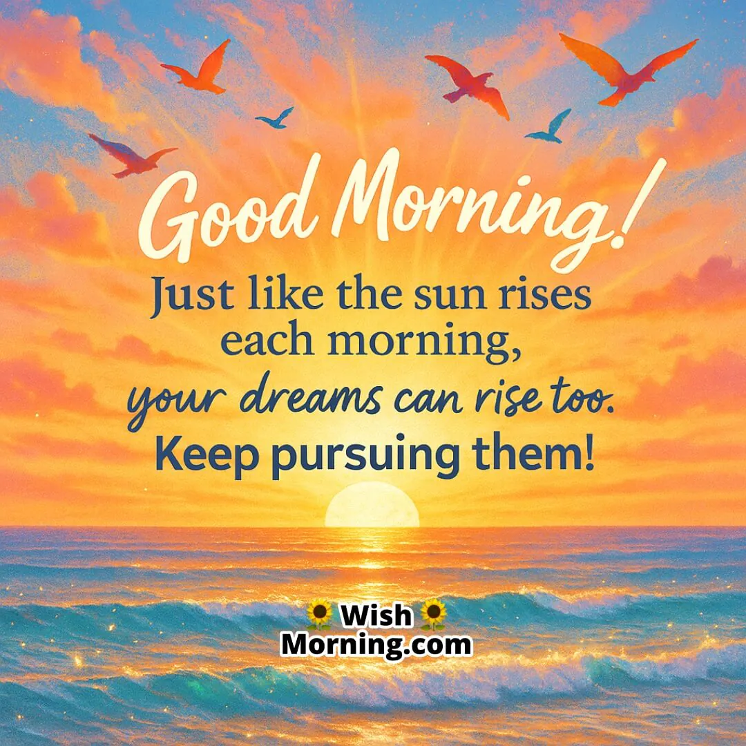 Good Morning with a glowing sunrise lighting a garden path, symbolizing the blessings of each day and the journey toward fulfilling dreams.