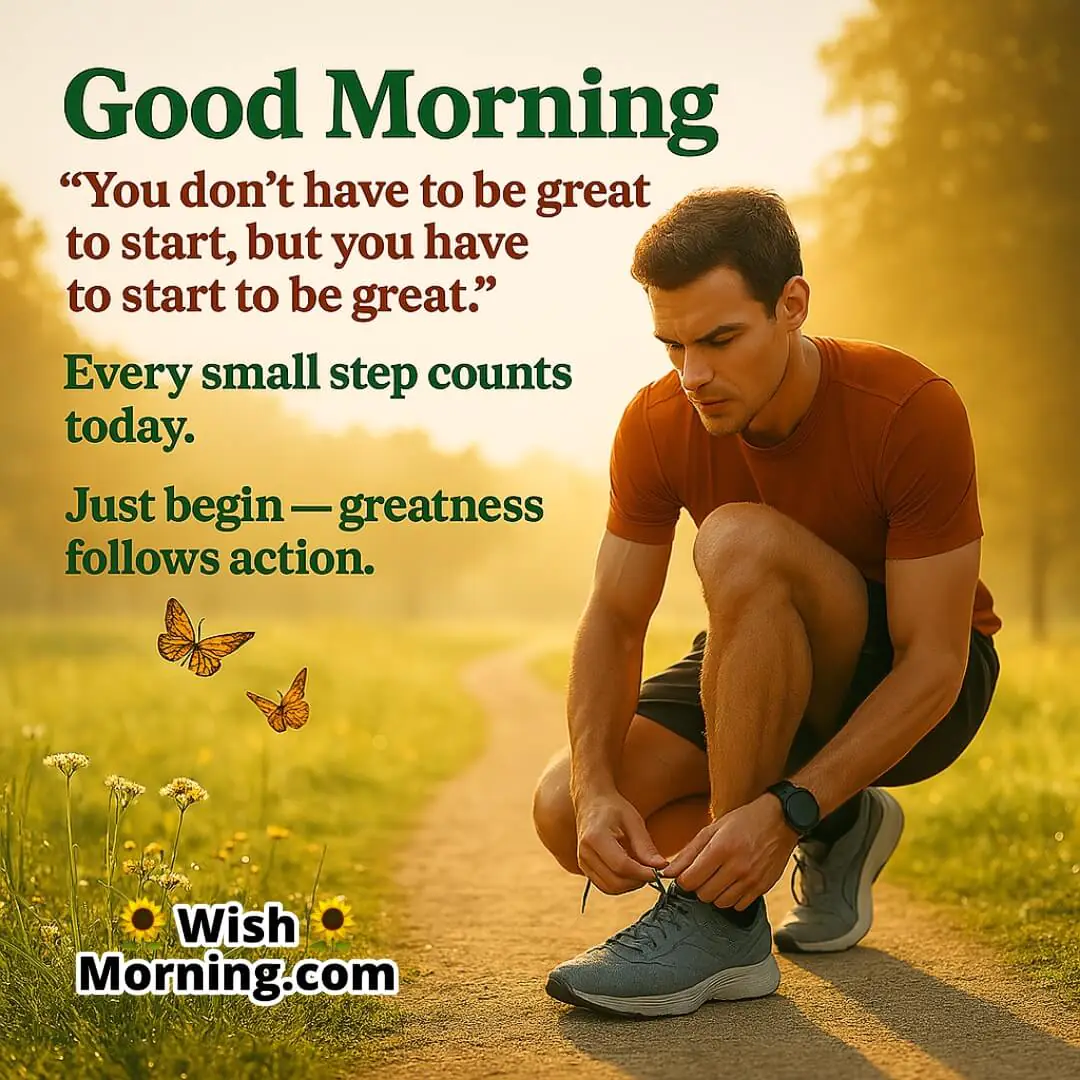 Good Morning with runner tying shoes in park symbolizing fresh starts and daily action.