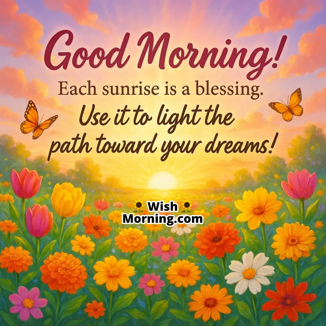 Good Morning with a vibrant sunrise over the ocean, rising waves and birds symbolizing the daily rise of dreams and the spirit of persistence.