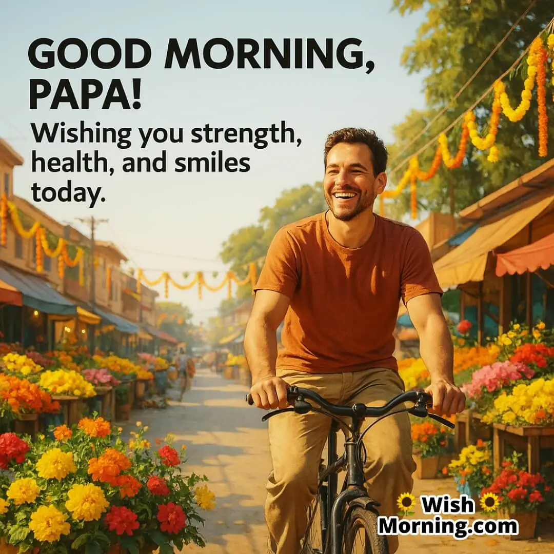 Father cycling in a lively street, symbolizing health, cheer, and colorful vibes.