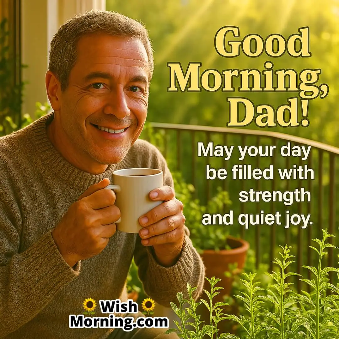 Good Morning with a smiling father by a garden at sunrise, symbolizing peace and joy.