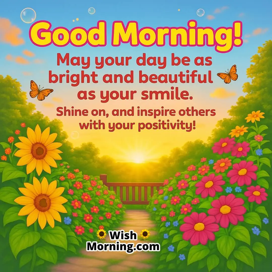 Good Morning with sunrise in a blooming garden symbolizing joy, inner light, and daily inspiration.