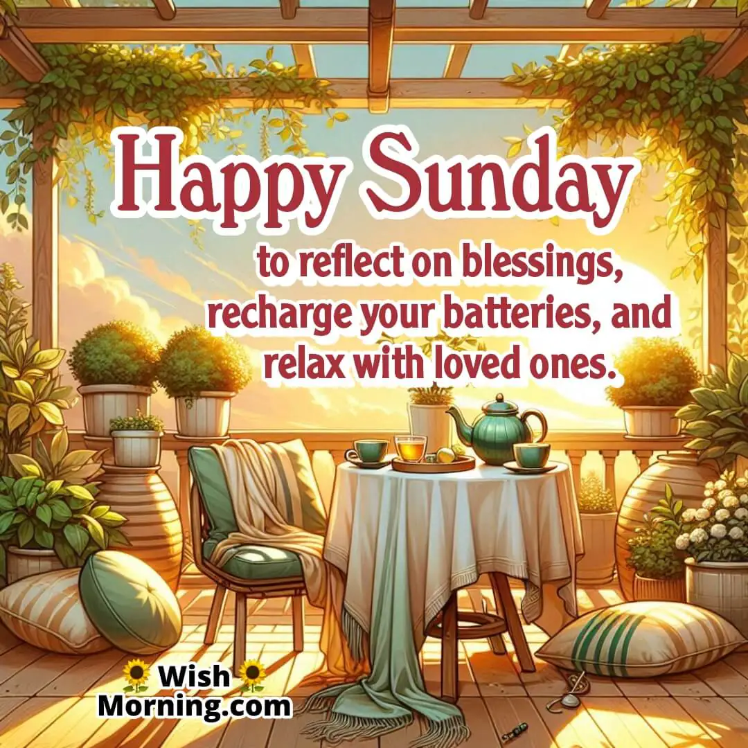 Sunday Blessings image featuring a cozy sunlit terrace table with morning tea, symbolizing calm reflection and restful moments.