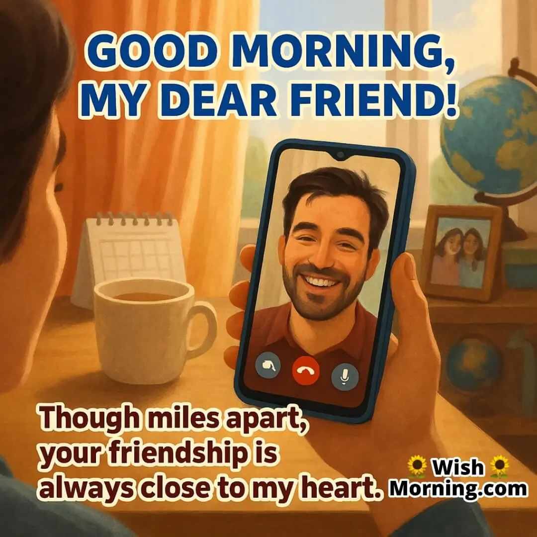 Long Distance Good Morning Message For A Friend with video call, morning sunlight, and cozy setup symbolizing friendship that stays strong across miles.