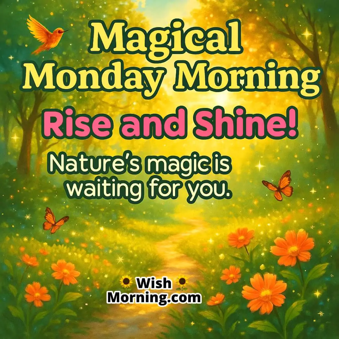 Magical Monday morning in a sunlit forest with butterflies and sparkles symbolizing renewal, positivity, and the beauty of nature.