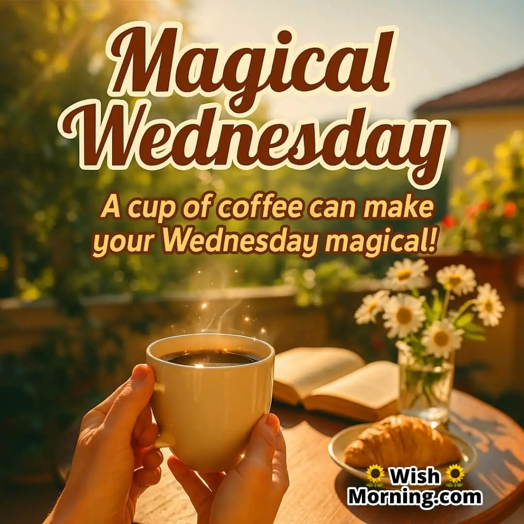 Magical Wednesday with a glowing cup of coffee in hand, morning sunlight streaming through a cozy space, symbolizing warmth, comfort, and a magical midweek start.