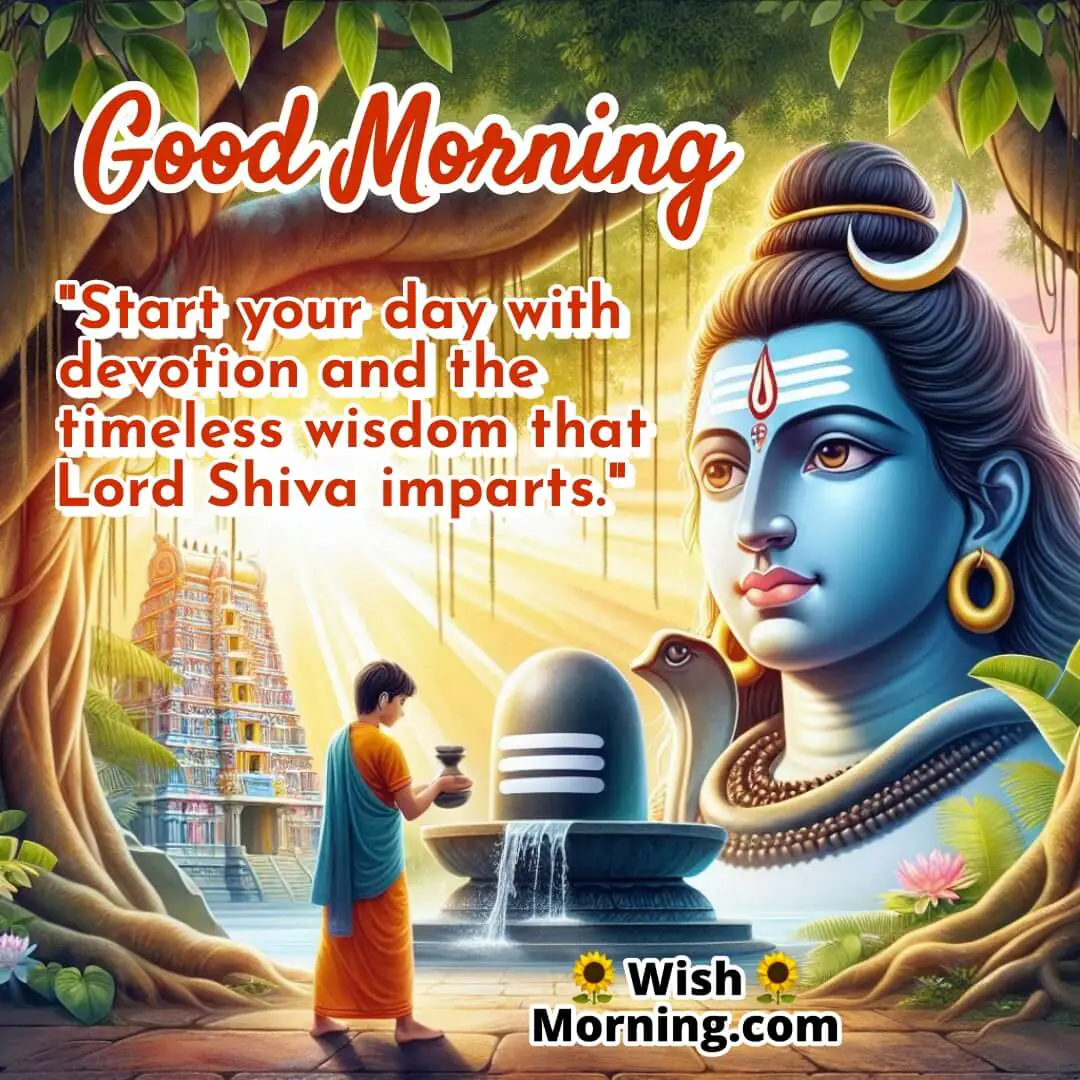 Good Morning image with Shivling, Lord Shiva idol, and morning worship, symbolizing devotion and wisdom.