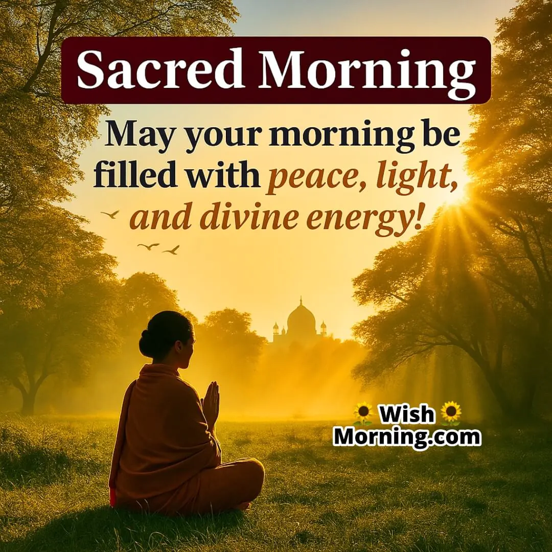 Sacred Morning with a person meditating in nature under golden sunrise, peaceful forest light and subtle spiritual ambiance symbolizing inner peace and divine start.