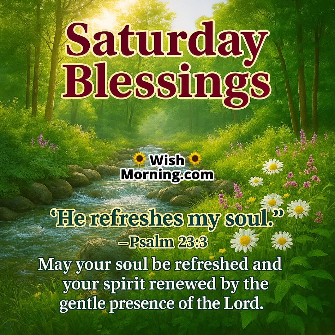 Saturday Blessings with a calm riverside bench, a Bible, and blooming flowers around — symbolizing soul refreshment and peace from Psalm 23:3.