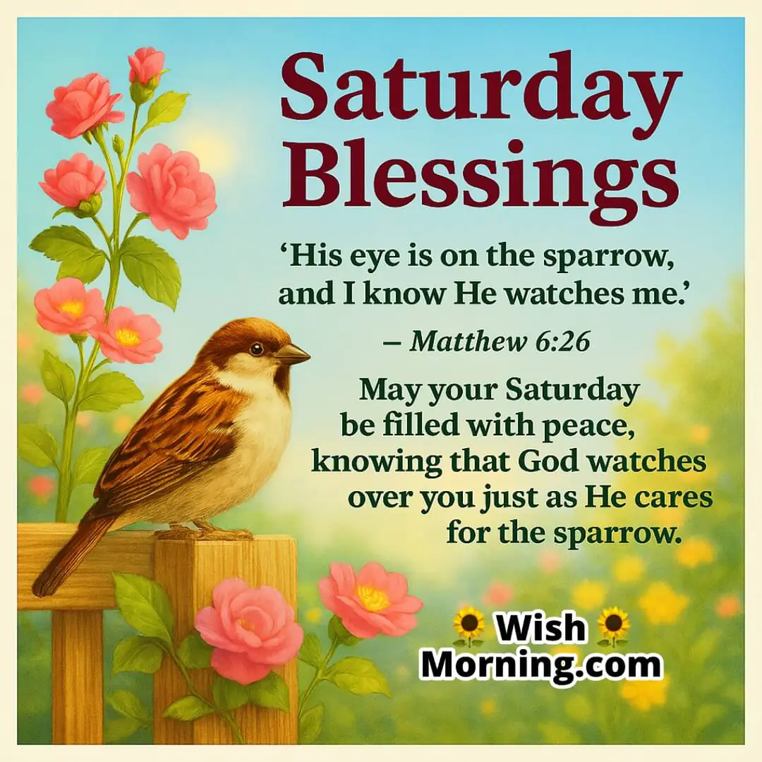 Saturday Blessings with a peaceful garden and a sparrow perched on a flowering branch under a sunny sky — symbolizing divine care and comfort from Matthew 6:26.