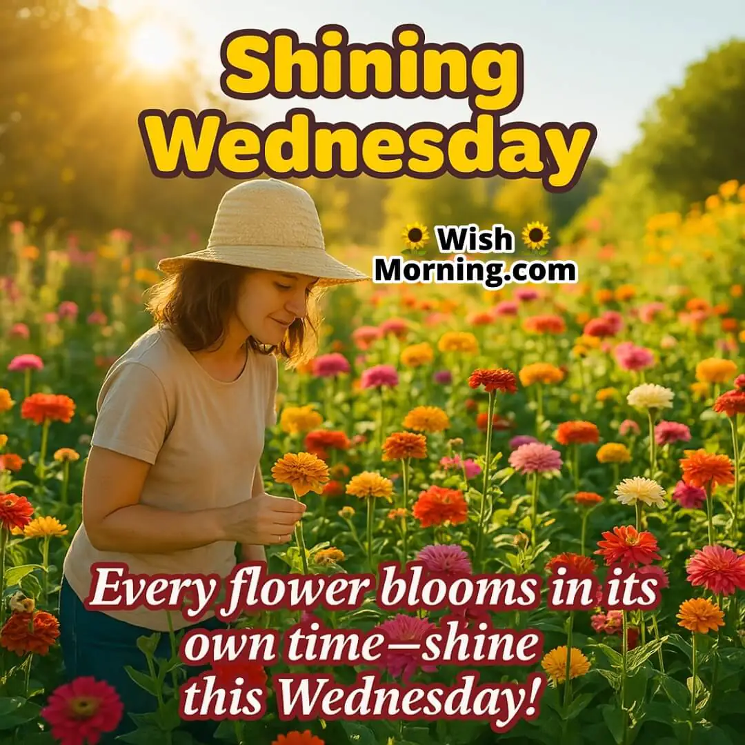 Shining Wednesday with a blooming flower garden lit by warm sunlight, showing nature in full color and a person enjoying the beauty, symbolizing personal growth and natural timing.