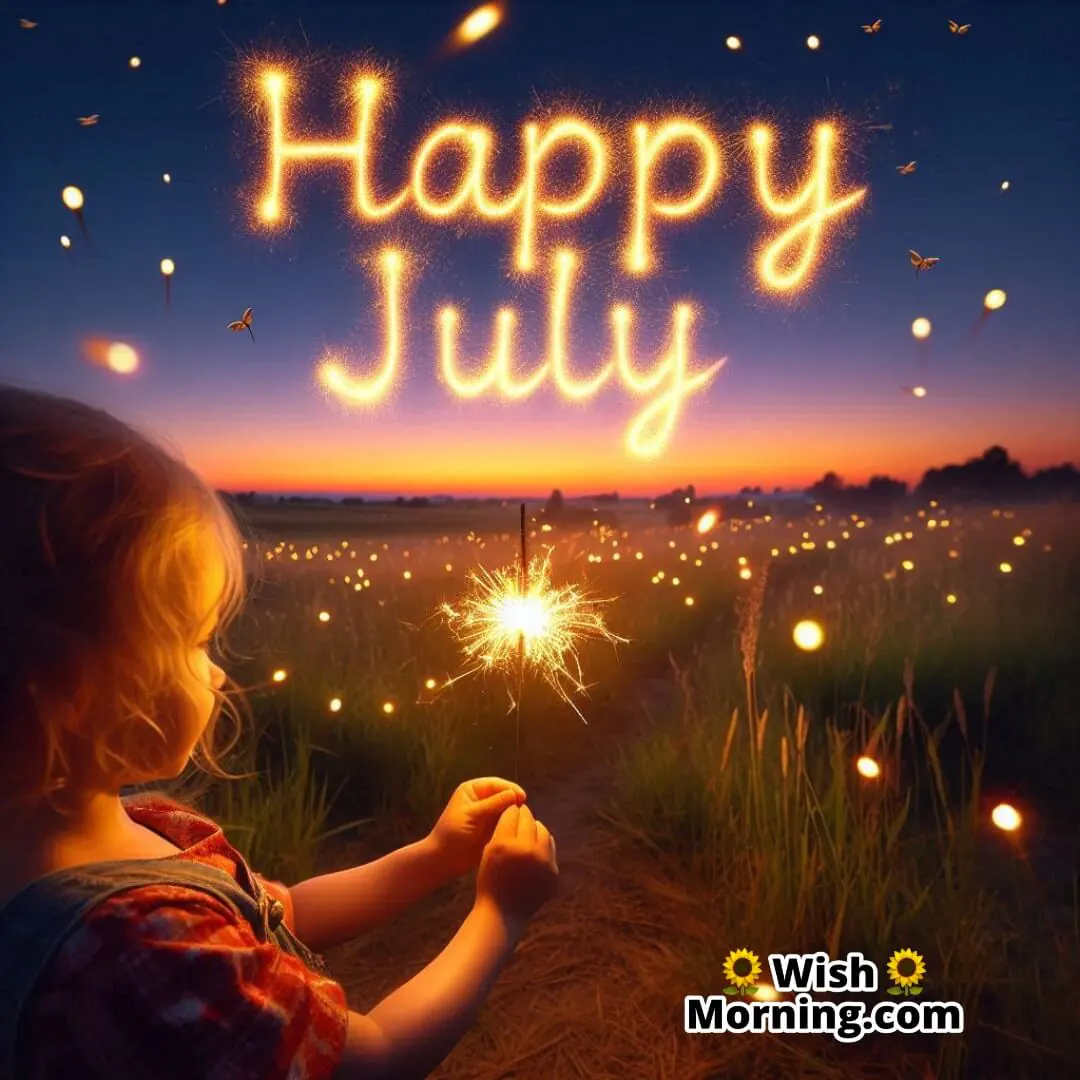 Happy July with glowing sparkler symbolizing warmth and joy.