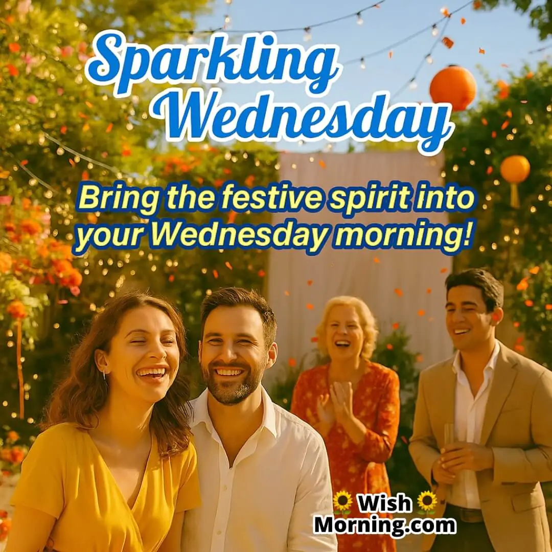 Sparkling Wednesday with a festive garden or courtyard filled with glowing lights, colorful decorations, and smiling people, symbolizing vibrant midweek celebration.