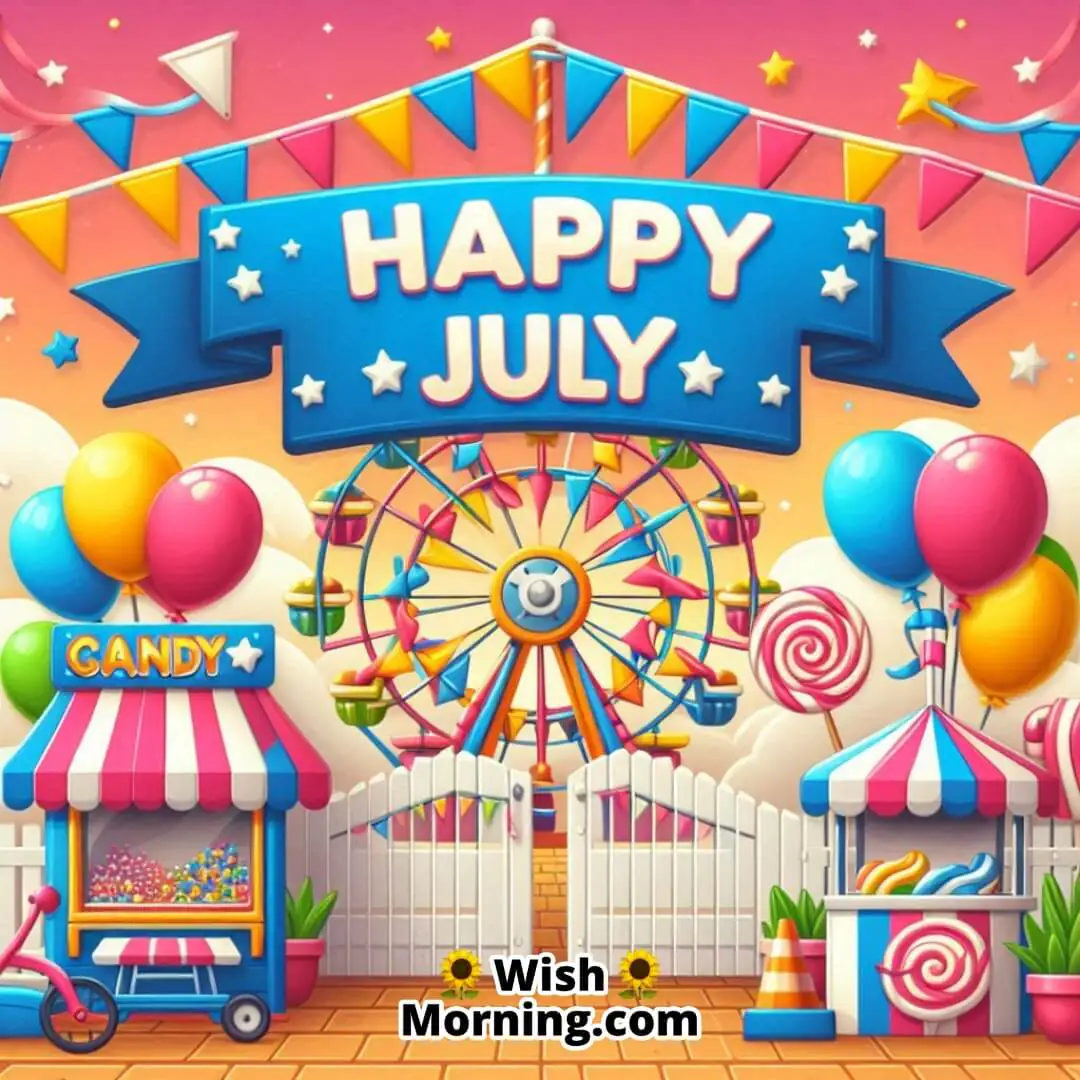 Happy July at a summer fair representing festivity and happiness.