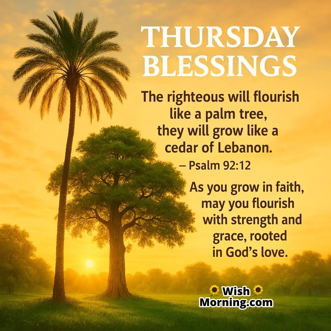 Thursday Blessings – A tall palm and a strong cedar symbolize spiritual growth and unwavering faith under divine light.