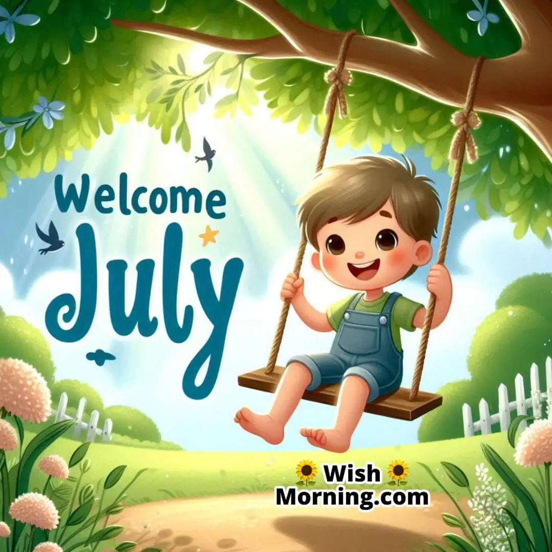Welcome July image with joyful swing and blooming greenery.