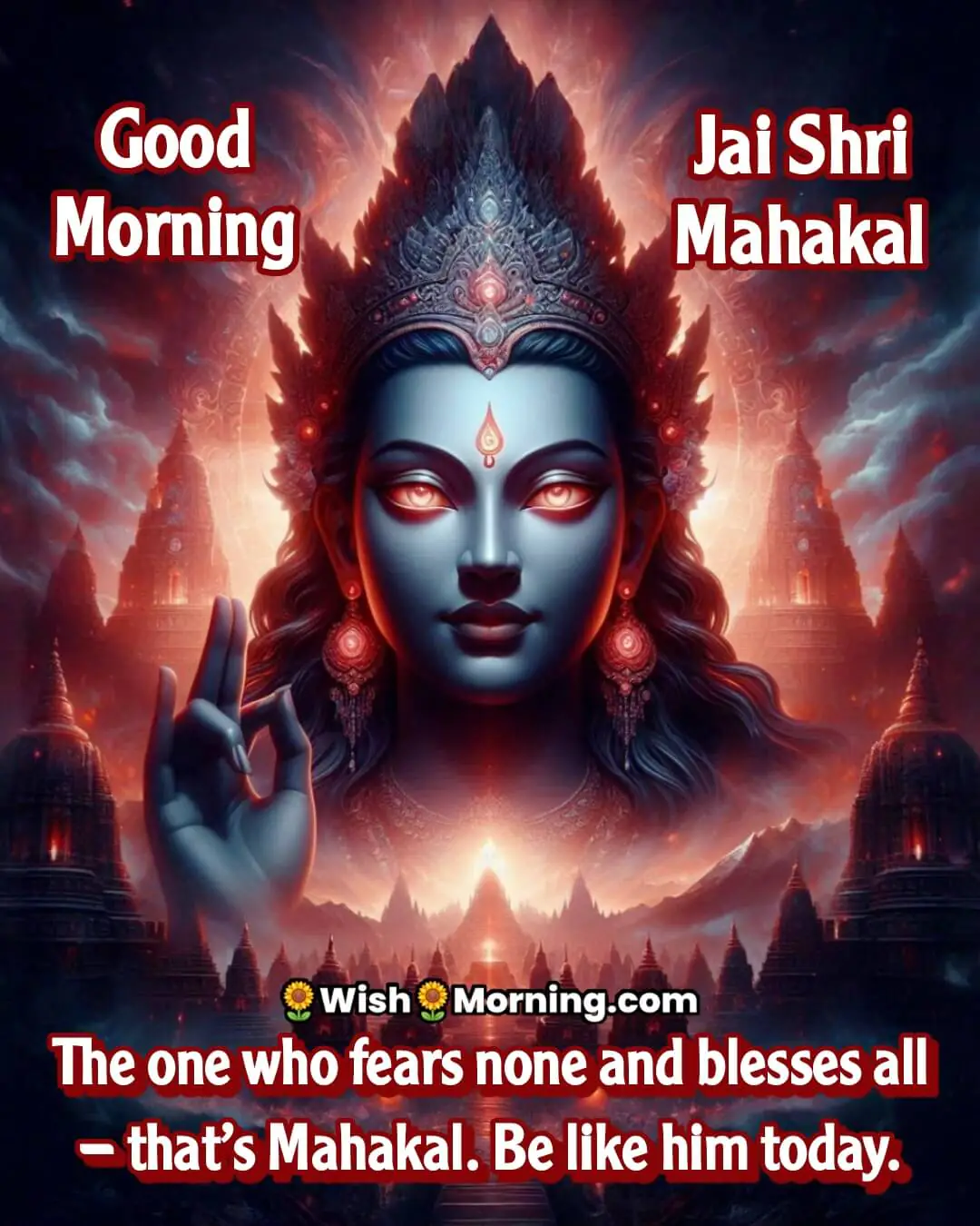 Bold Mahakal image with radiant aura at a red dawn temple, symbolizing fearlessness and divine strength.
