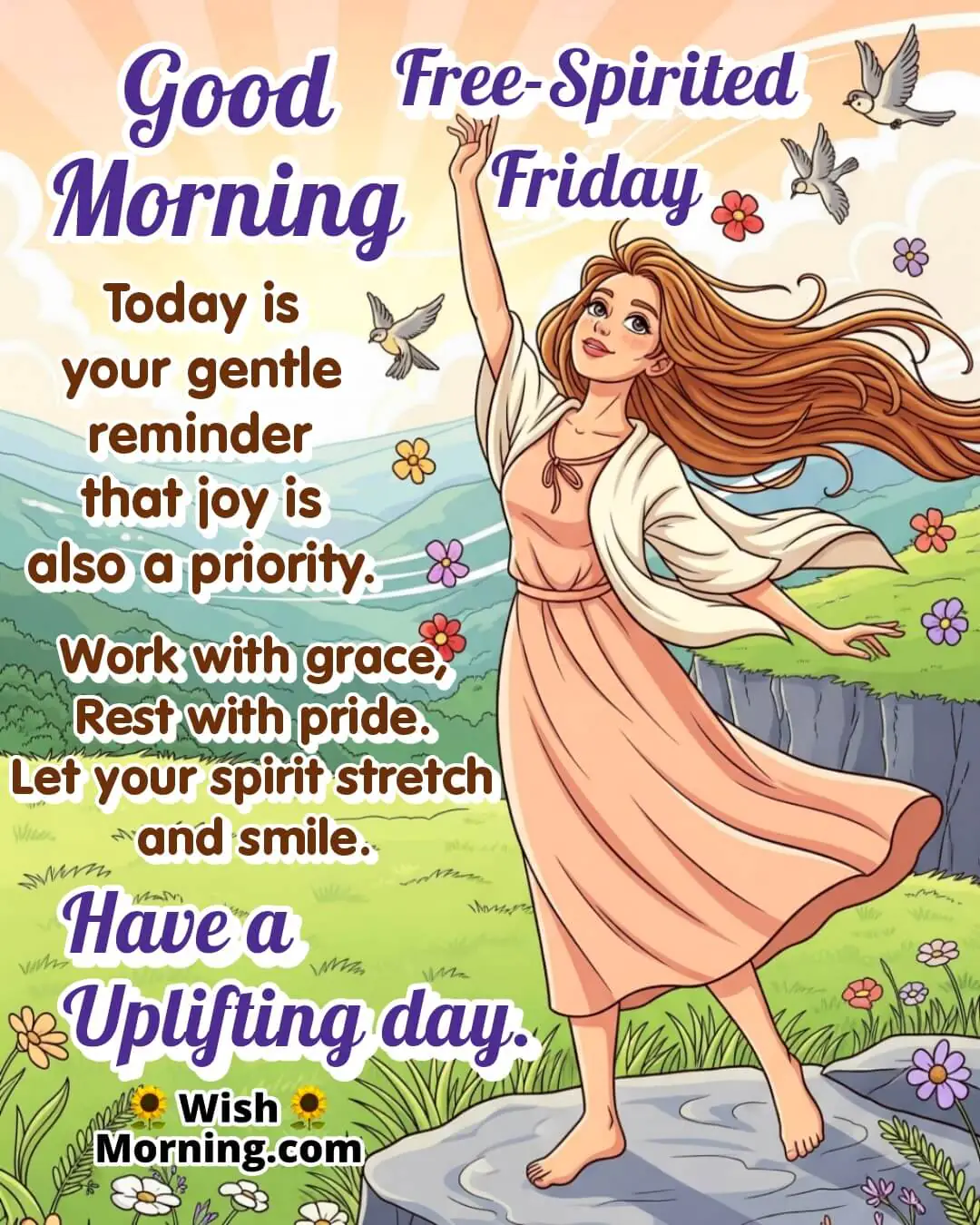 Free-Spirited Friday quote featuring a peaceful girl stretching on a sunny cliffside meadow, symbolizing joyful energy and mindful balance.