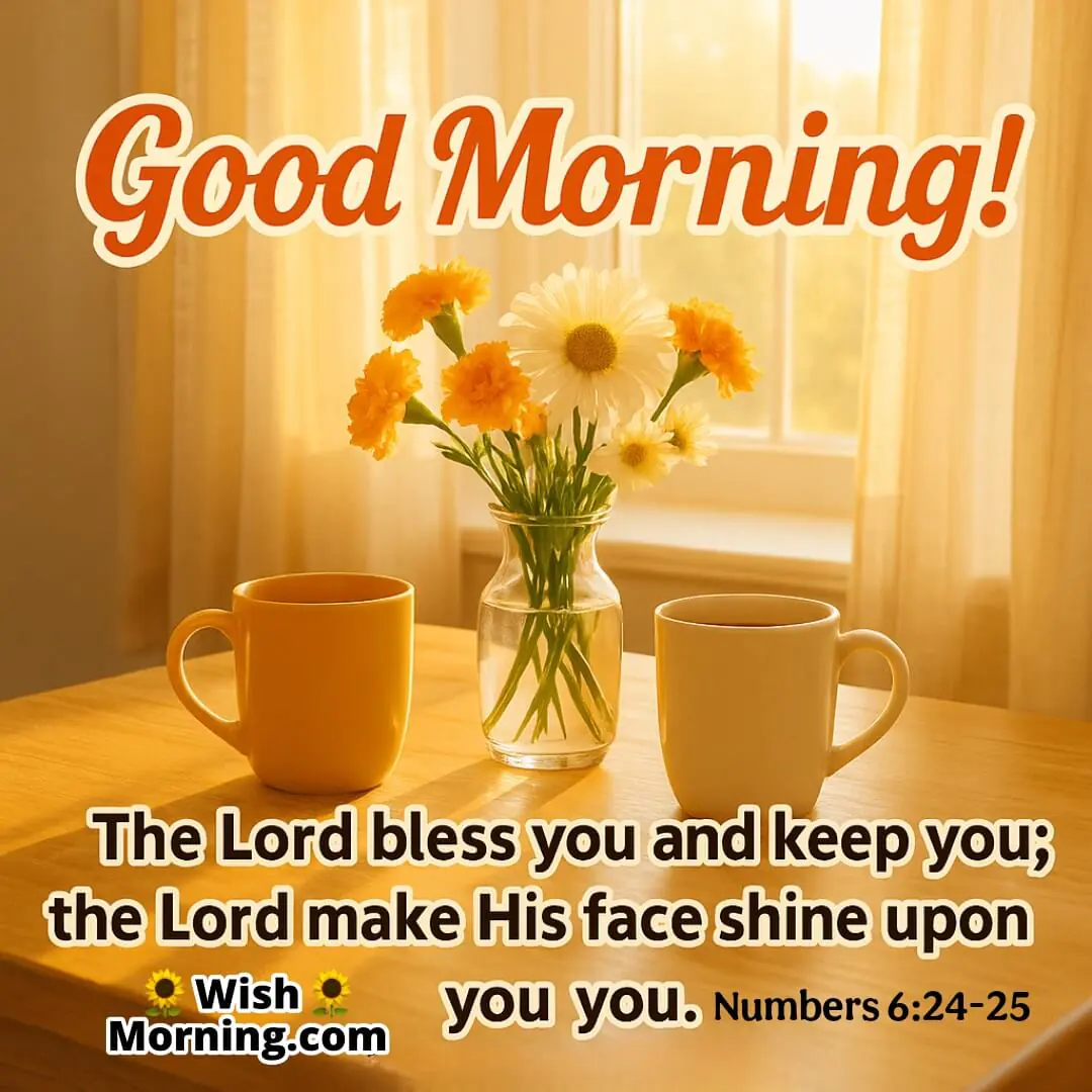 Good Morning Bible Quote to Share with Loved Ones featuring a cozy breakfast table, sunlight, and flowers symbolizing warmth and blessing.