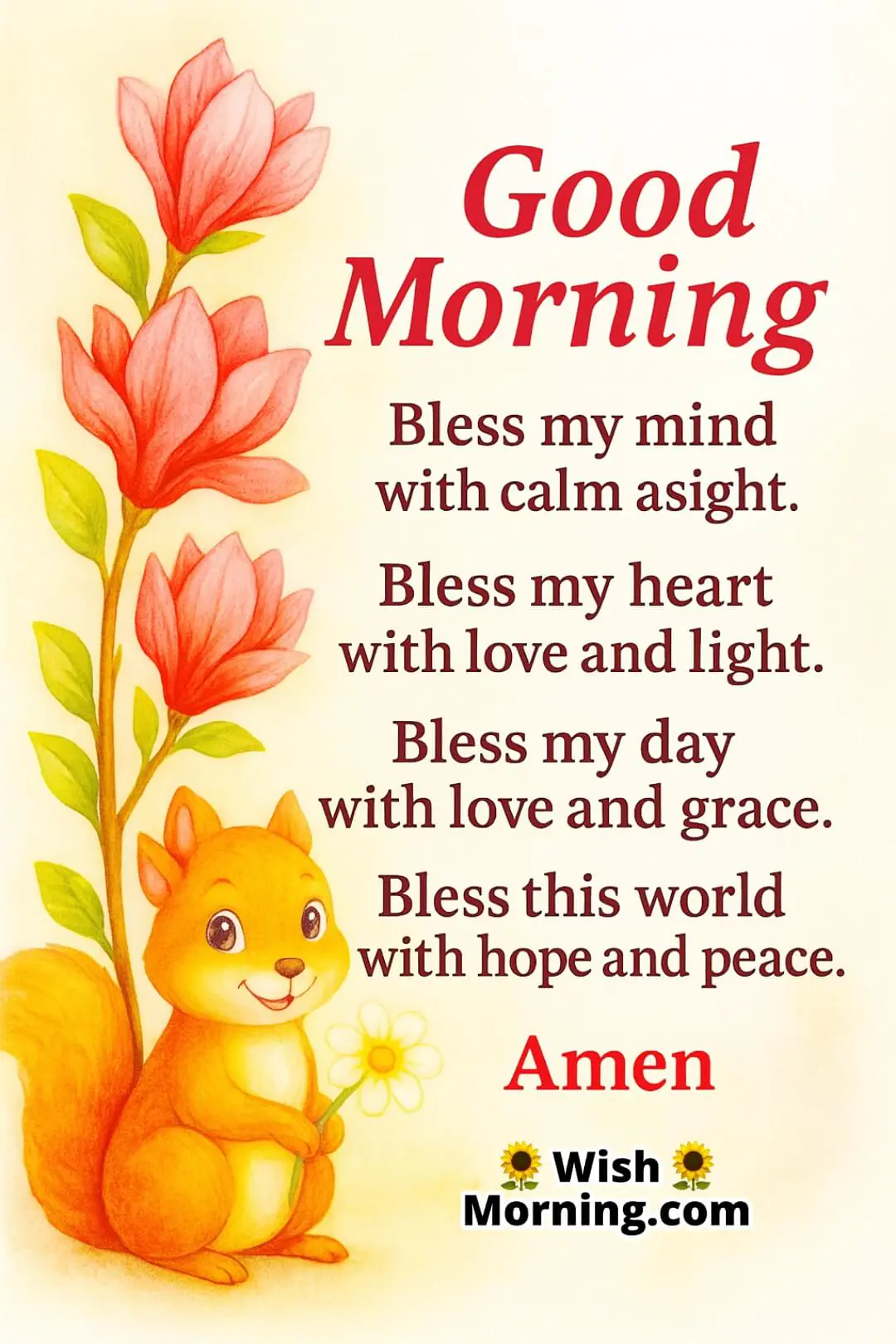 Good Morning blessing image featuring pink magnolia flowers and a spiritual message for peace, grace, and love.