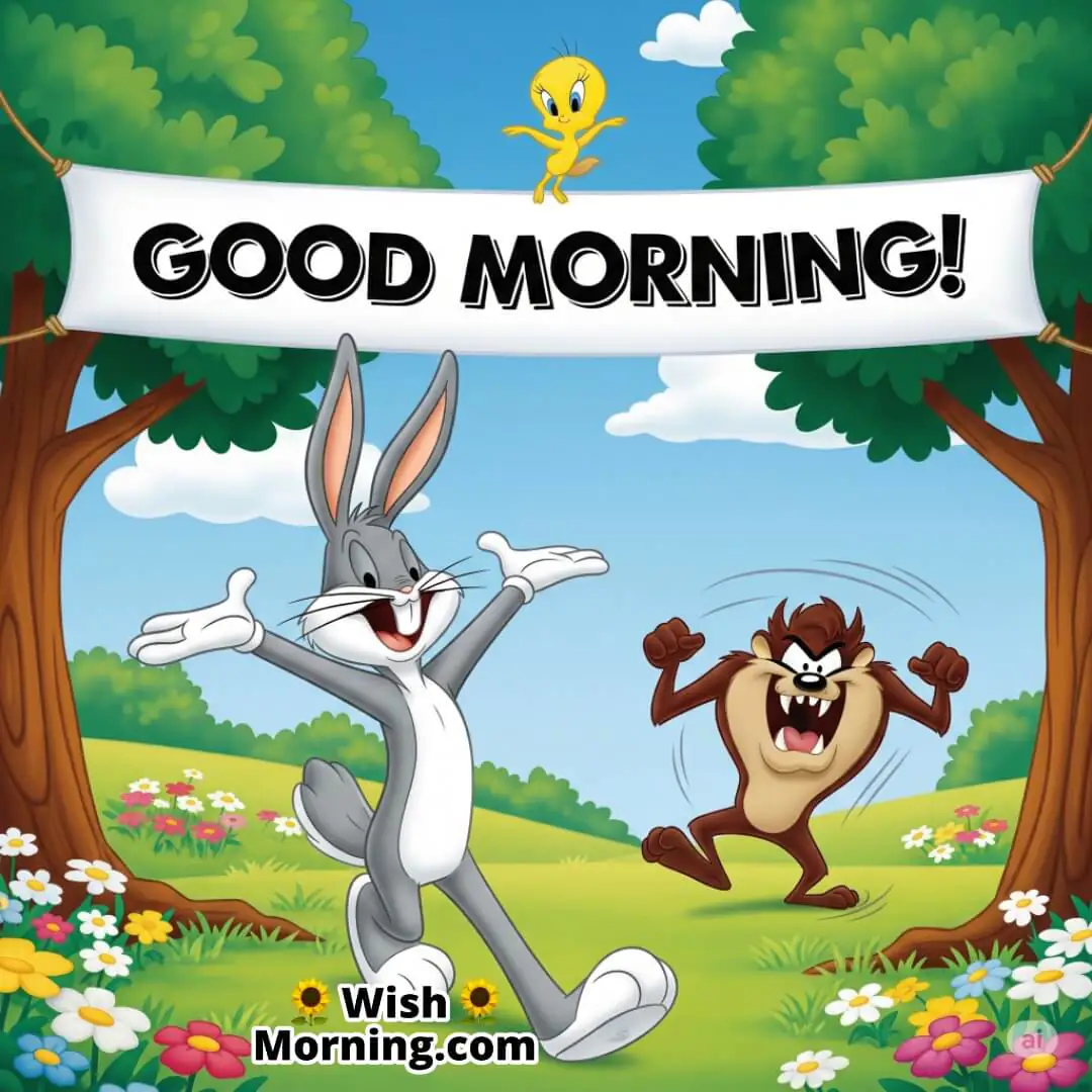 Bugs Bunny greeting Looney Tunes friends in a cheerful springtime meadow.