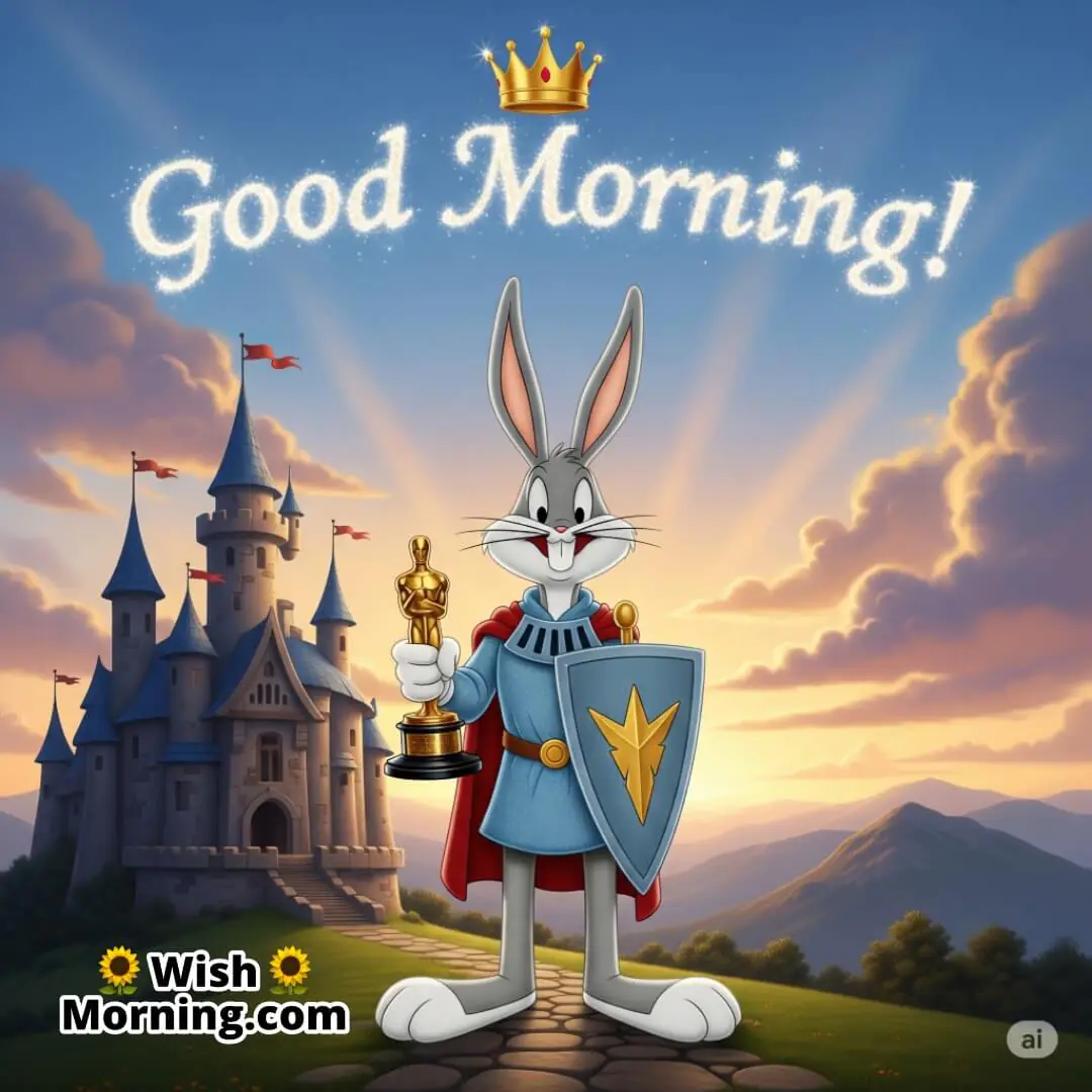 Bugs Bunny holding an Oscar in a medieval cartoon scene, celebrating his award with morning cheer.