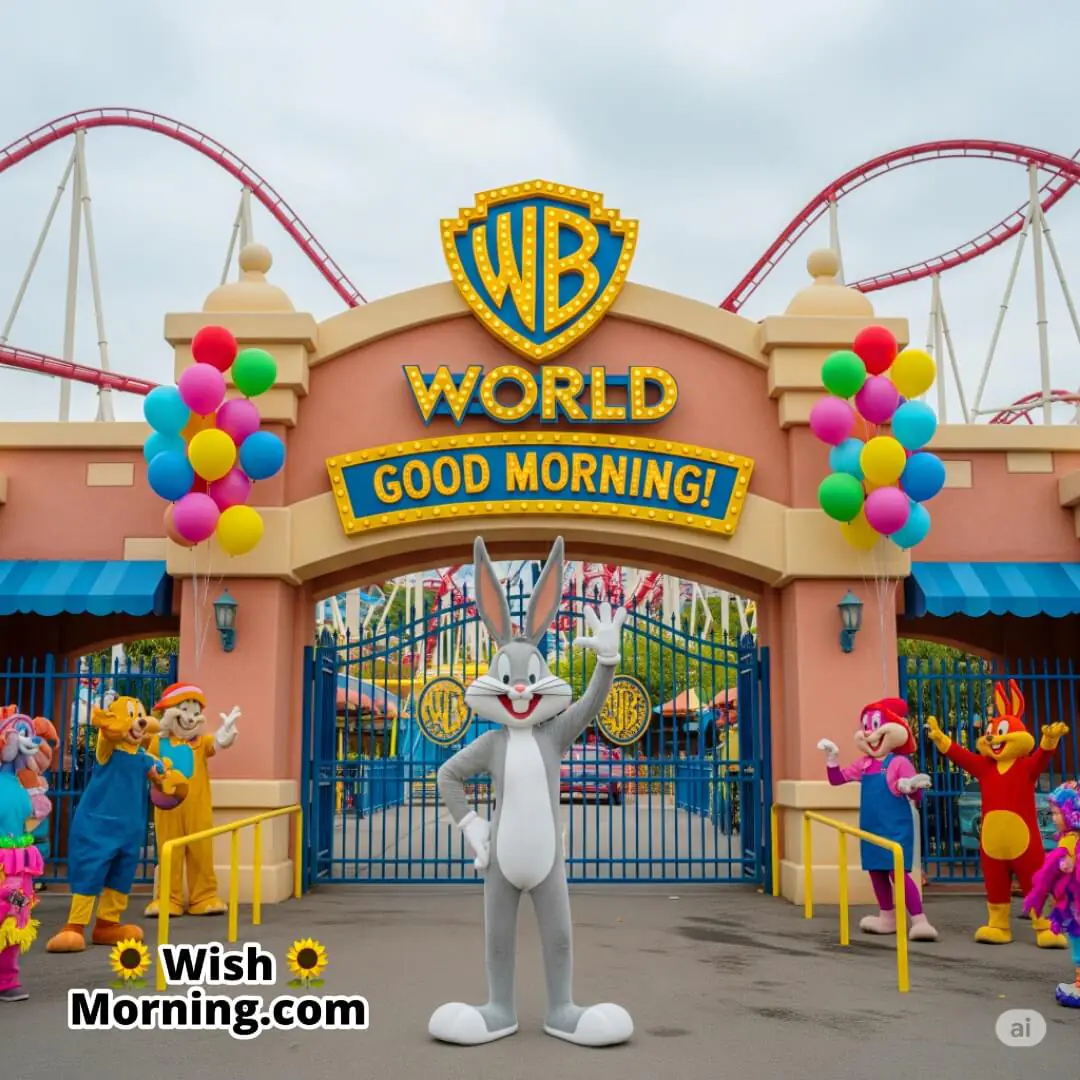 Bugs Bunny at a lively theme park entrance with morning excitement and cartoon cheer.