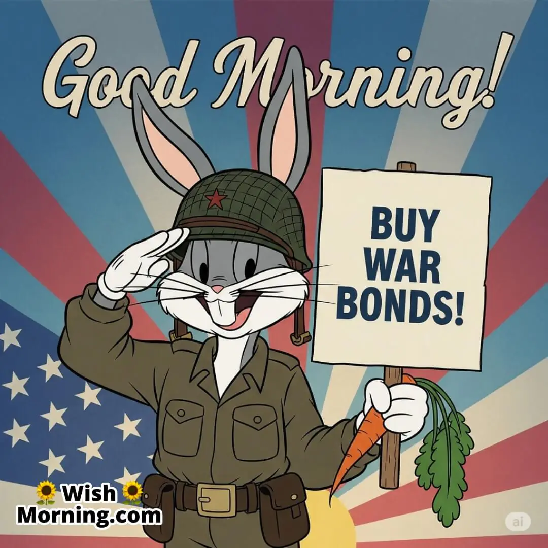 Bugs Bunny promoting war bonds in a 1940s cartoon style with patriotic morning energy.