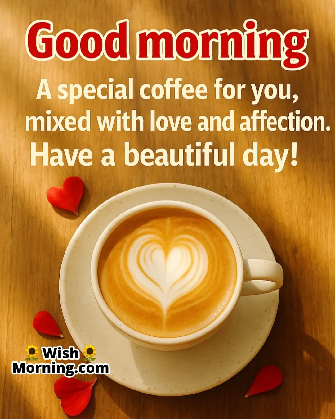 Good Morning image with love-filled coffee setup and flowers, symbolizing affection and a beautiful start.