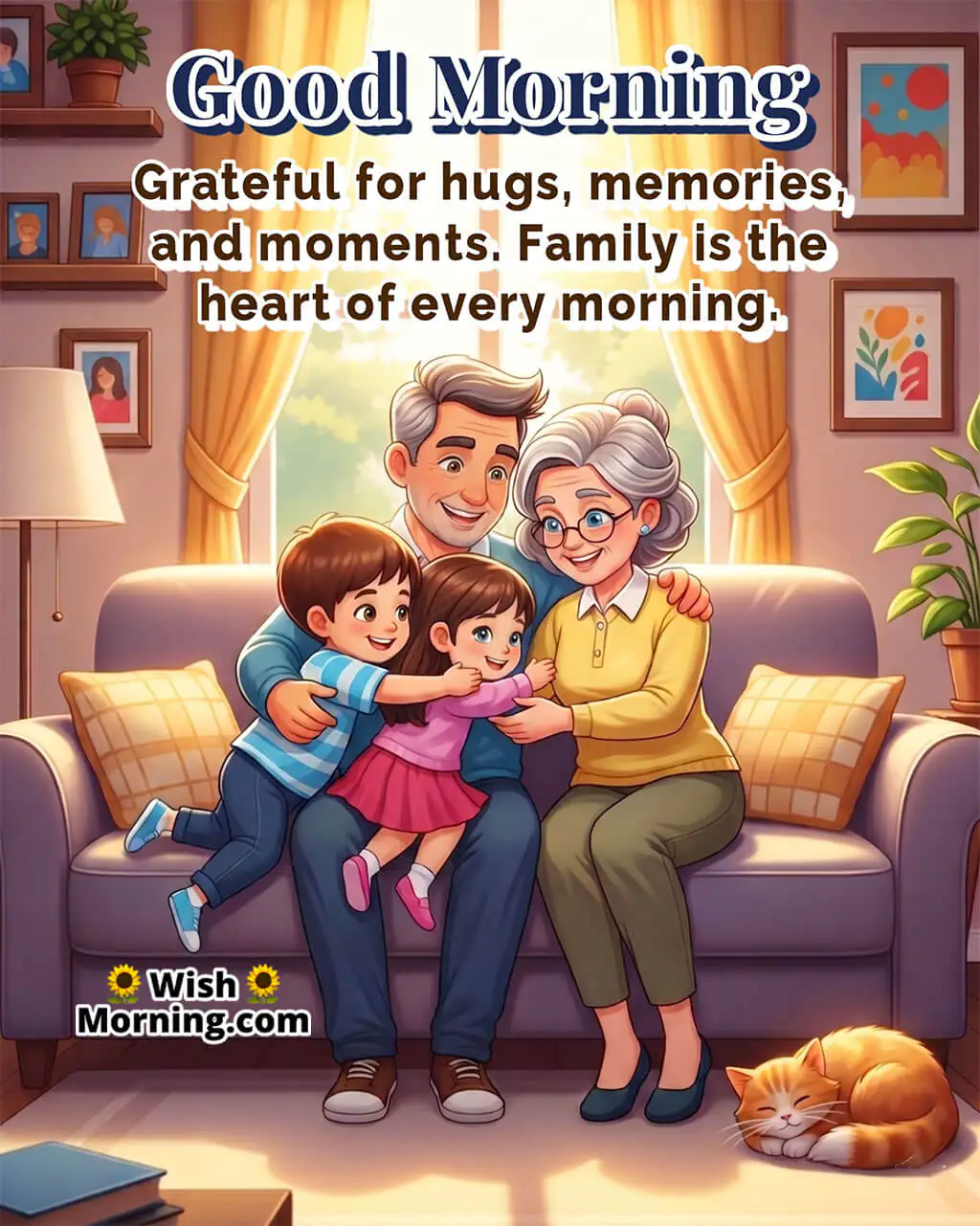 Good Morning Family and Friends image Featuring a cozy morning hug with grandparents, symbolizing gratitude and emotional connection.