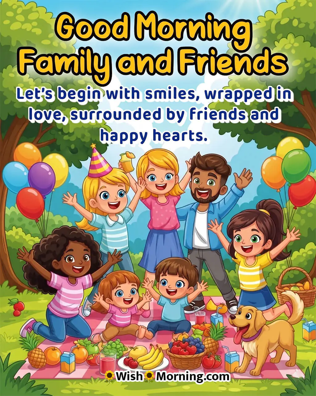 Good Morning Family And Friends Smile Quote Featuring a joyful picnic moment with happy faces, symbolizing positivity and togetherness.