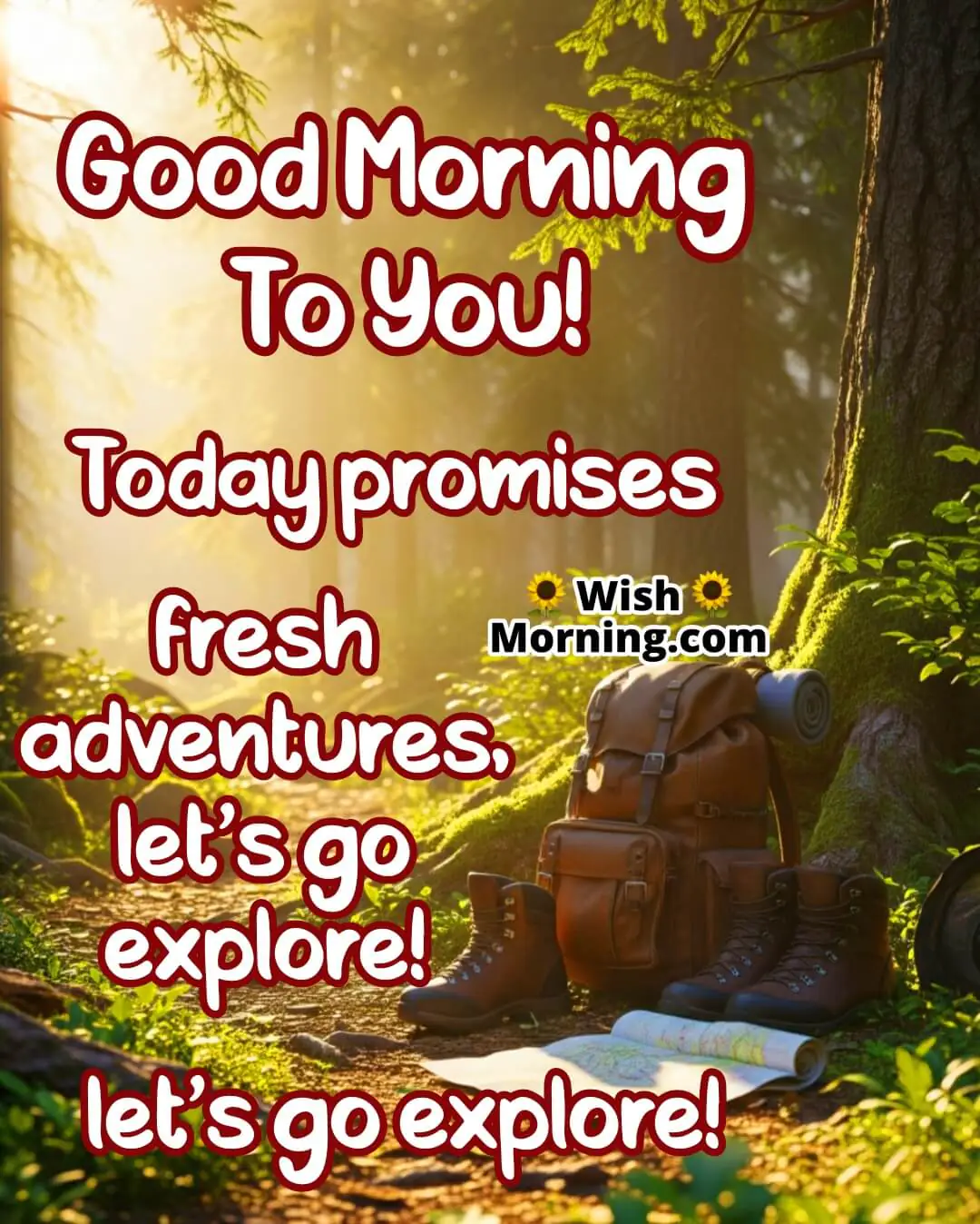 Good Morning image featuring sunlit forest trail and travel gear, symbolizing new adventures.