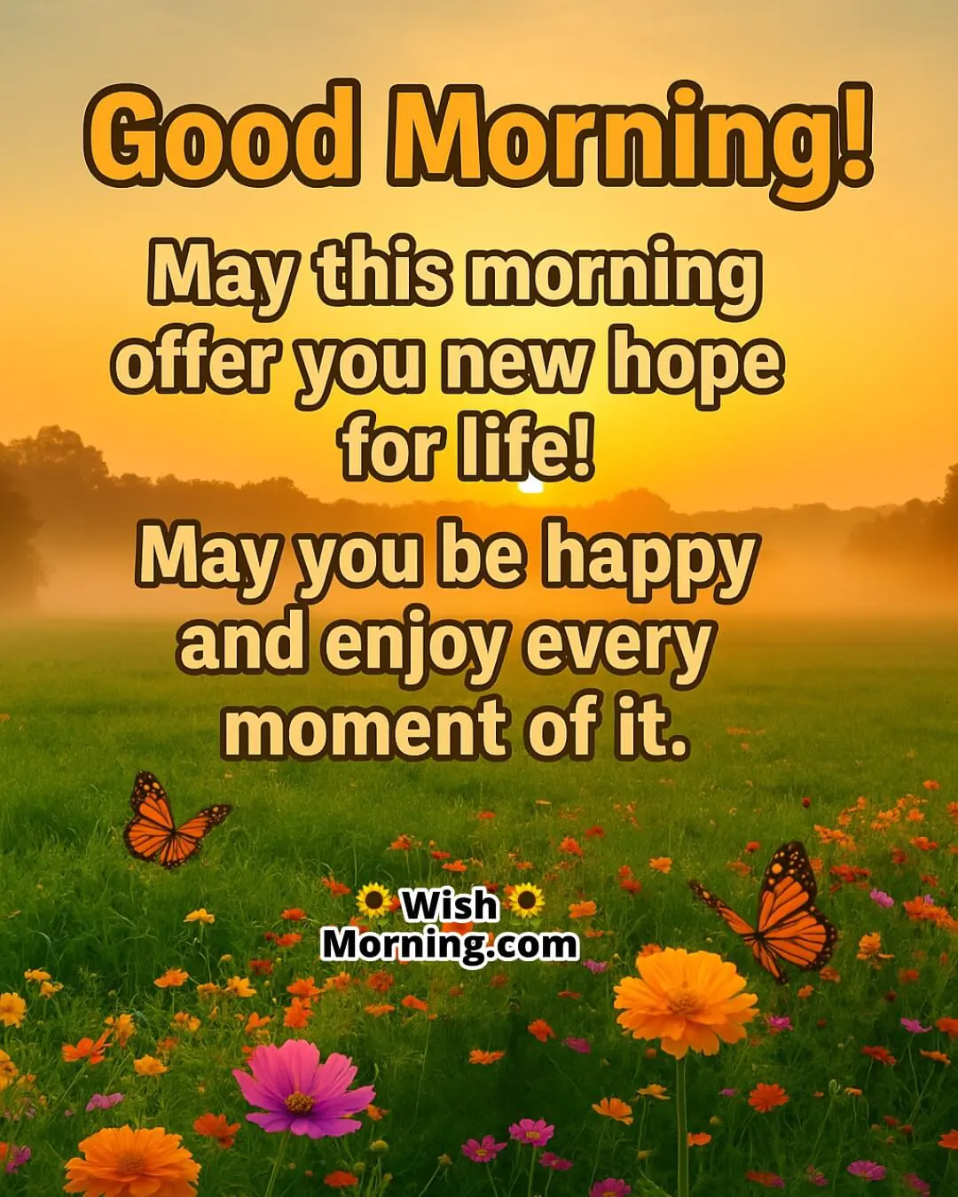 Good Morning image featuring sunrise, wildflowers, and butterflies, symbolizing hope, happiness, and joyful moments.