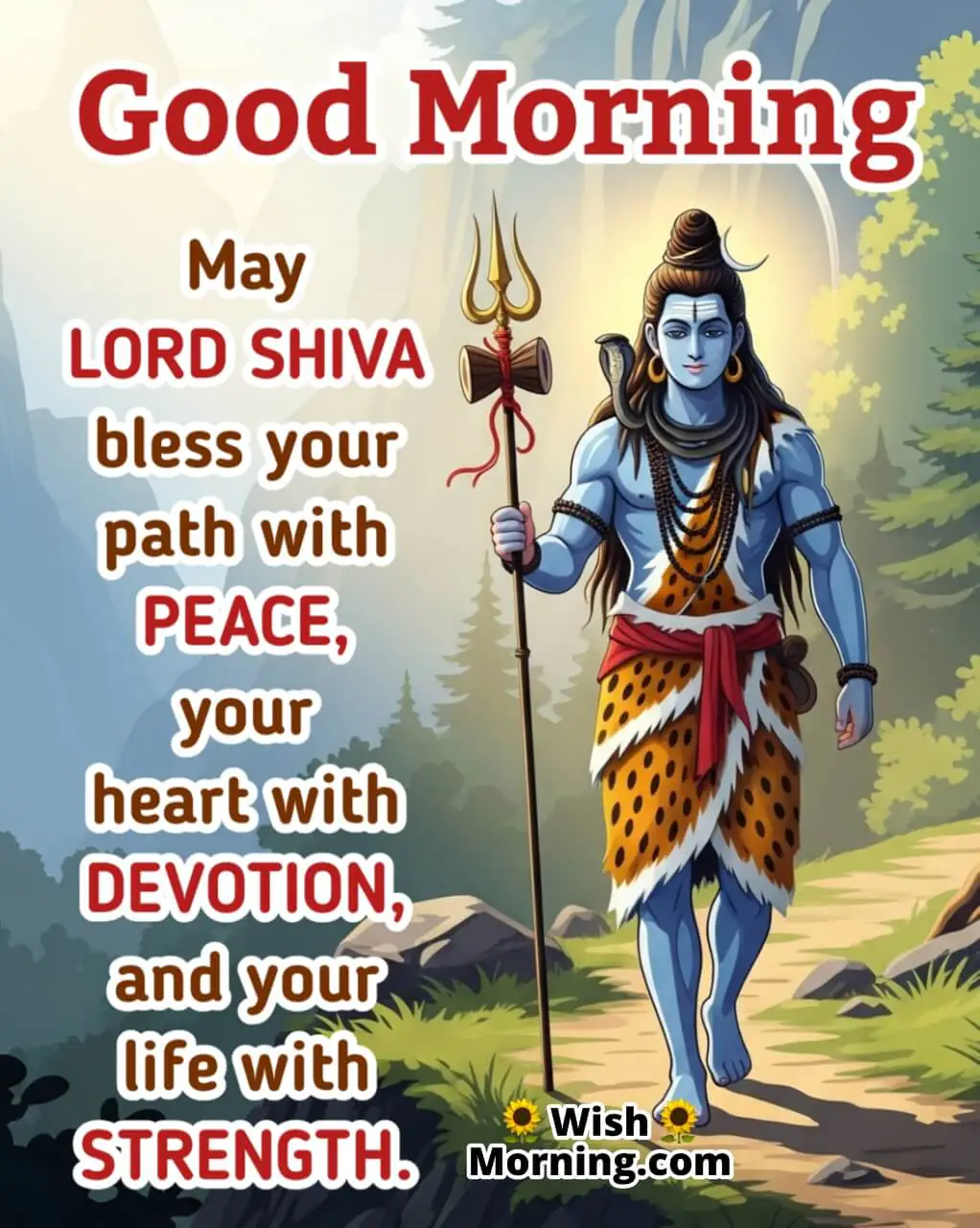 Good Morning Lord Shiva Blessings featuring Shiva walking calmly in sunrise, symbolizing divine blessings and peace on life’s path
