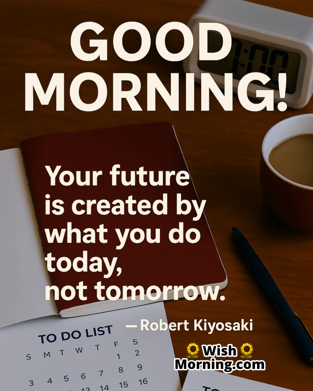 Good Morning image with a calendar, checklist, and pen, symbolizing daily action shaping a better future.