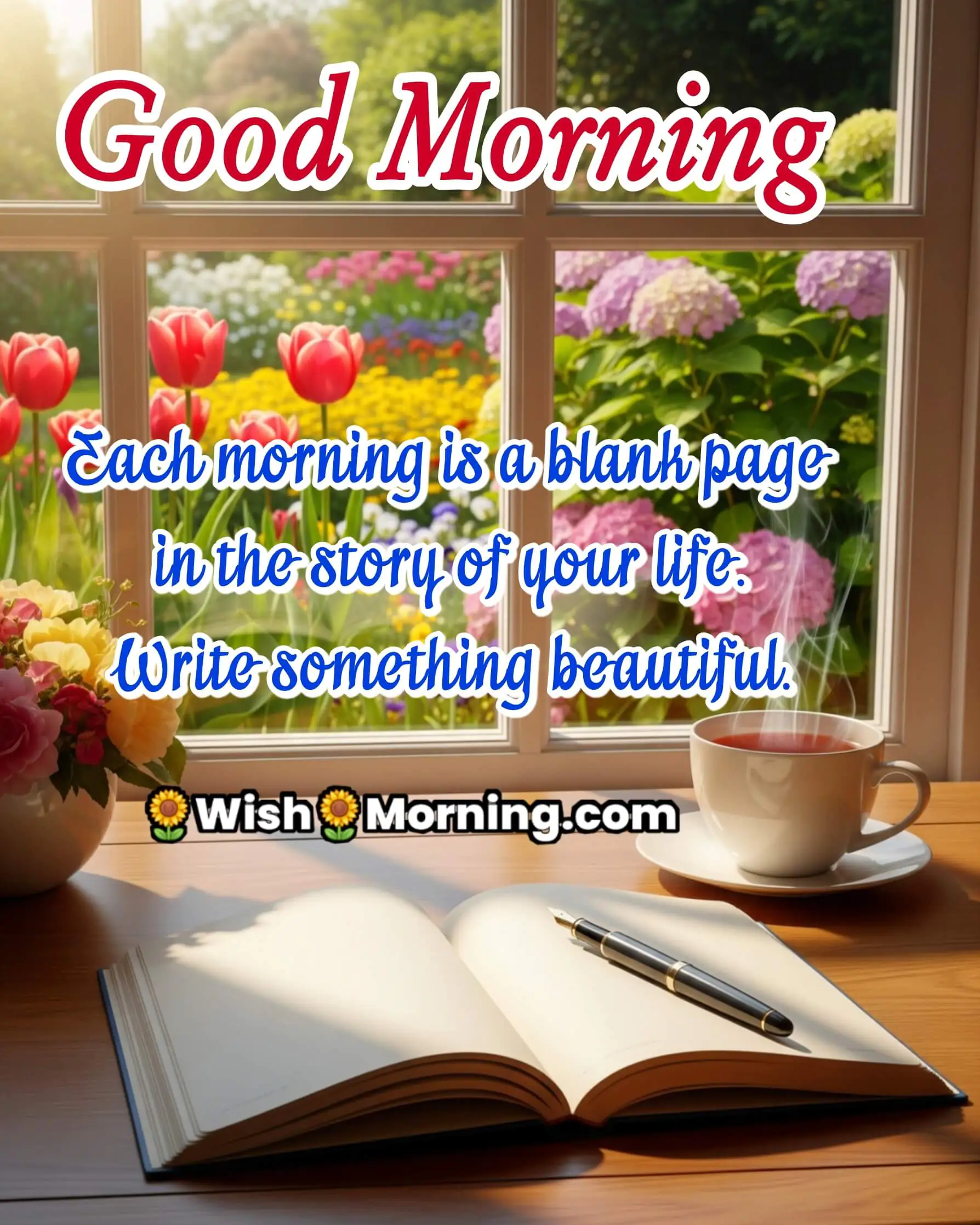 Good Morning image featuring writing desk and blooming garden, symbolizing creativity and life’s new page.