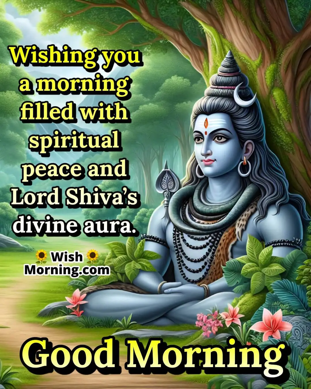 Good Morning Shiva image with serene forest and divine idol, symbolizing spiritual peace and aura.