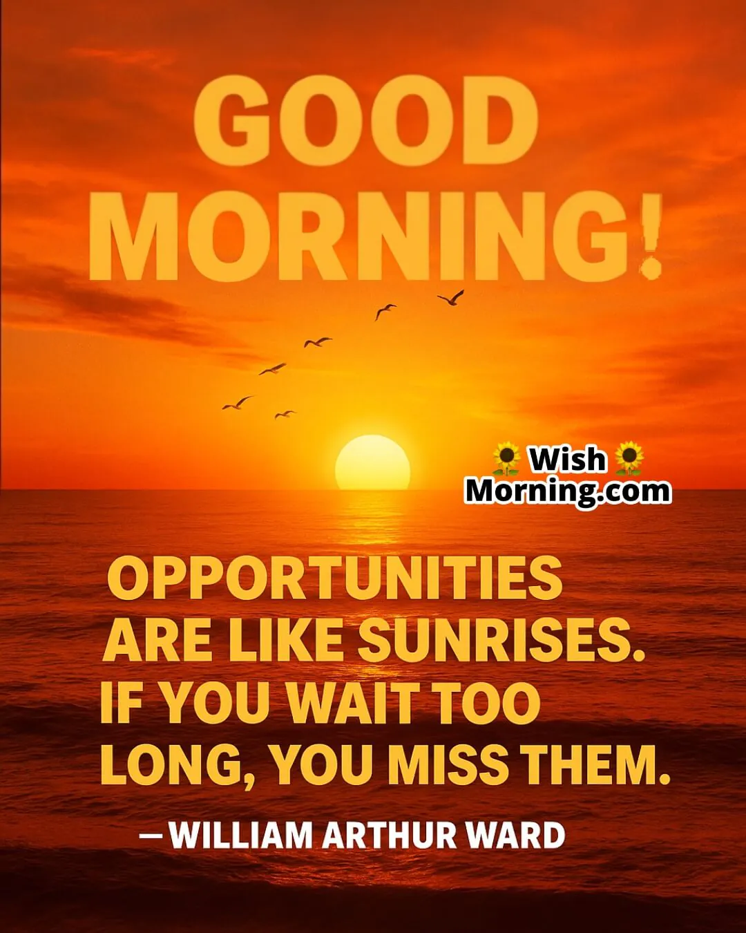 Good Morning quote image with a golden sunrise over the ocean, symbolizing fleeting opportunities and timely action.