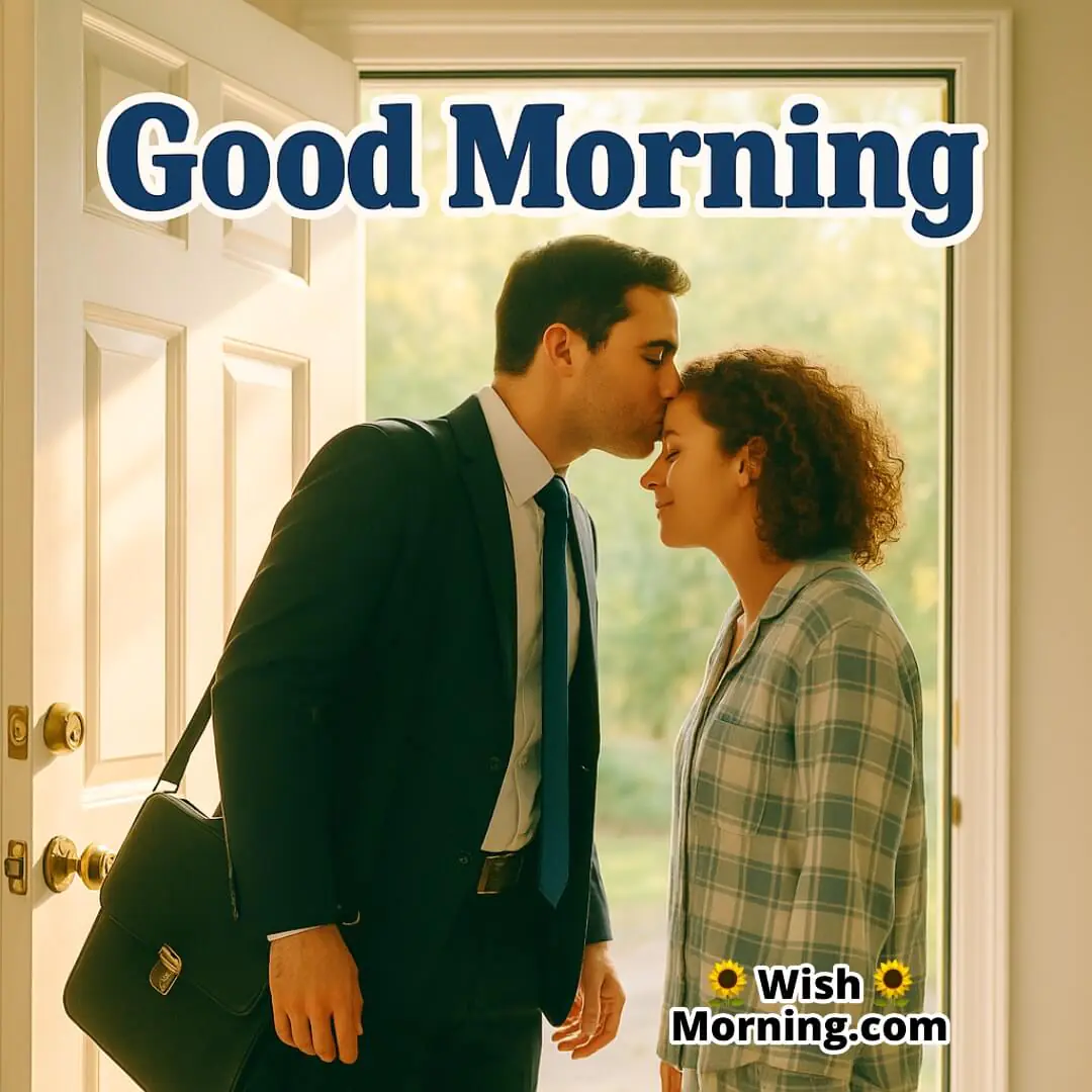 Goodbye Forehead Kiss Good Morning image showing a goodbye kiss before work, symbolizing daily love rituals.