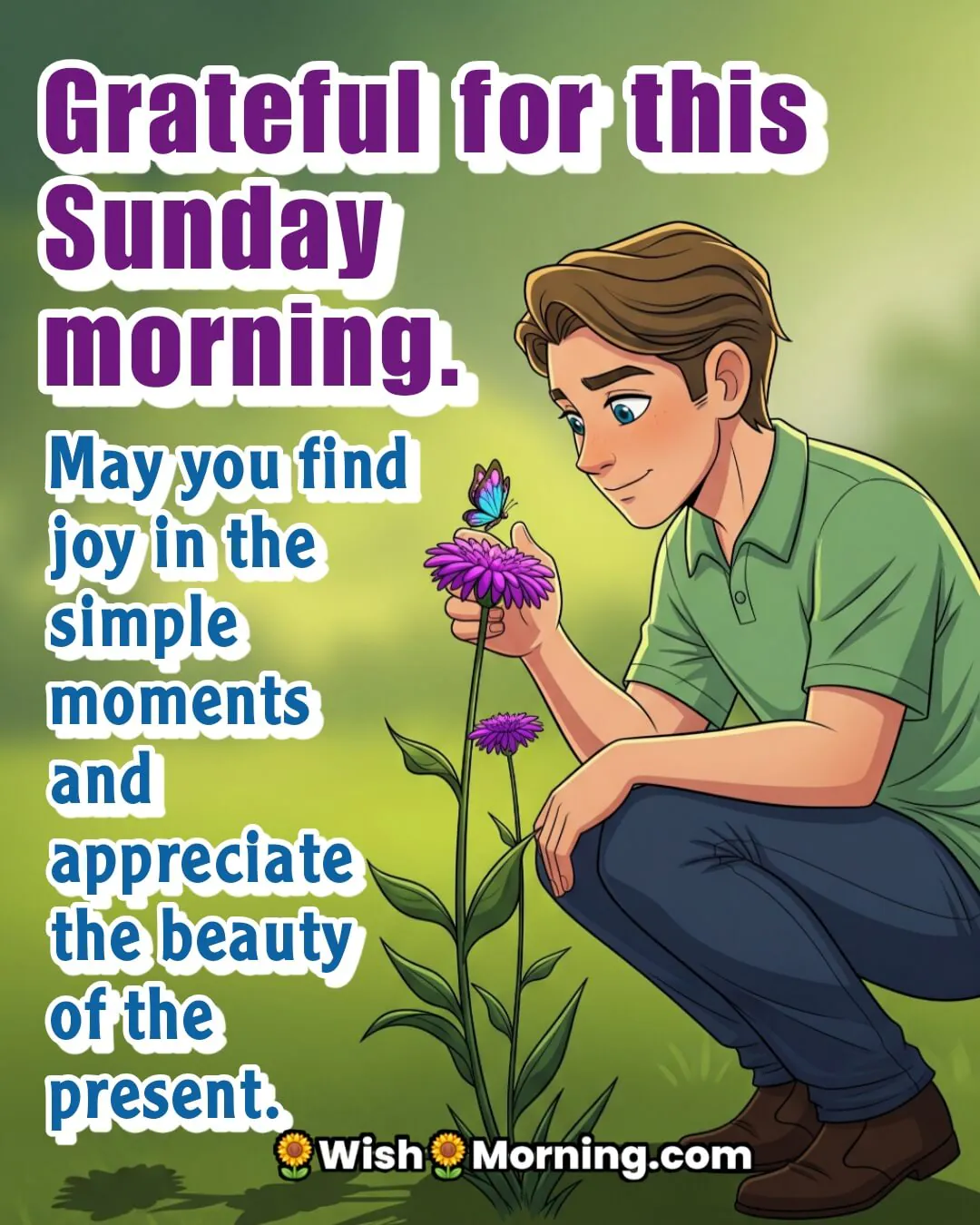 Grateful Sunday Morning Message featuring a person holding a flower in a park, symbolizing appreciation and mindfulness for the present moment.