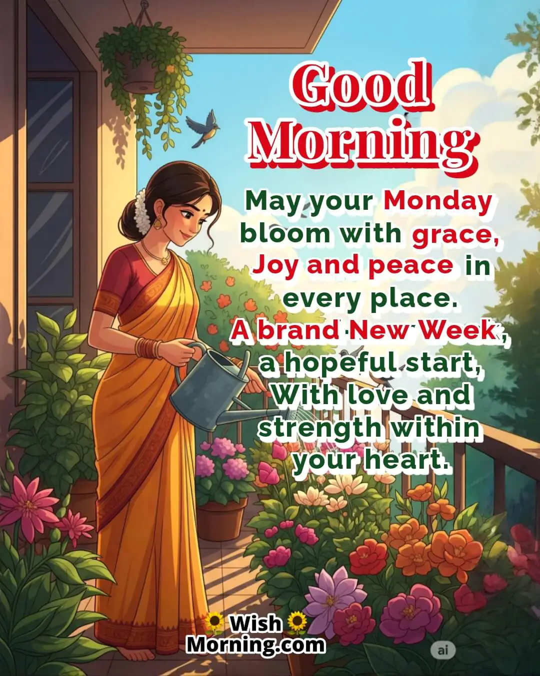 Happy Monday Blessing image featuring a woman watering balcony plants with blooming flowers, symbolizing care, renewal, and peaceful beginnings.