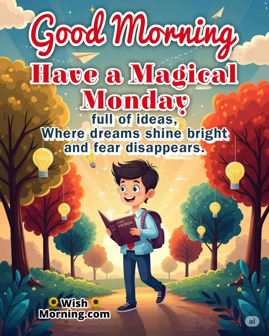 Good Morning Monday image featuring a cartoon boy walking with a magical book and glowing ideas, symbolizing creativity and confidence at the start of the week.