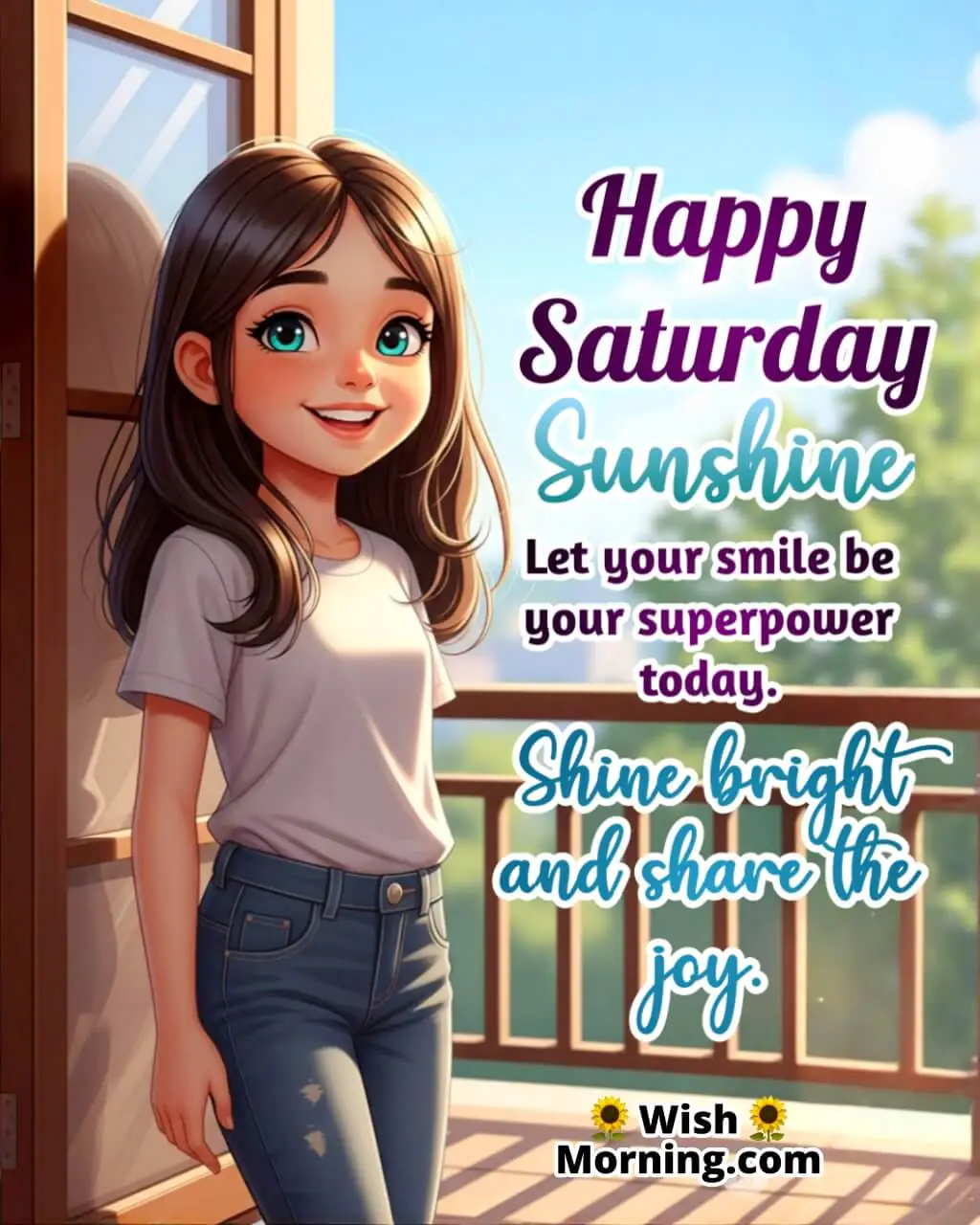Happy Saturday Motivational Quote image featuring a joyful young woman near a window with morning light and open plants, symbolizing weekend joy and confidence.