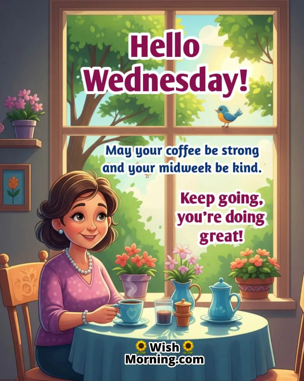Hello Wednesday coffee wish featuring peaceful woman enjoying coffee by sunny window, symbolizing calm energy and gentle midweek start.
