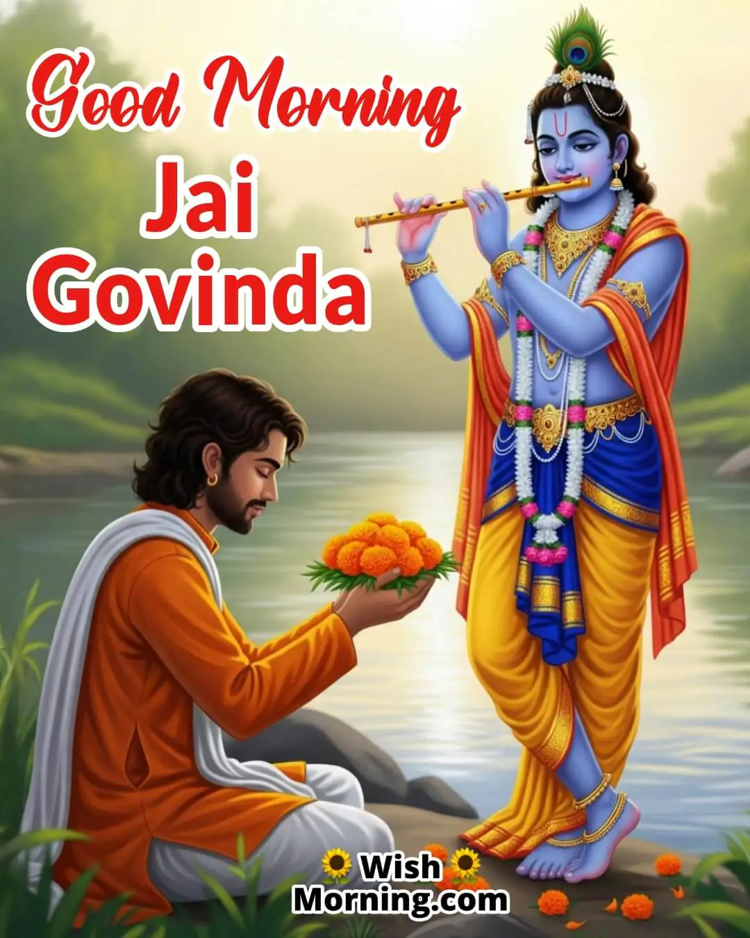 Jai Govinda Bhakti Good Morning image of a devotee offering flowers to Krishna at sunrise, symbolizing humble devotion and surrender to Govind Dev.