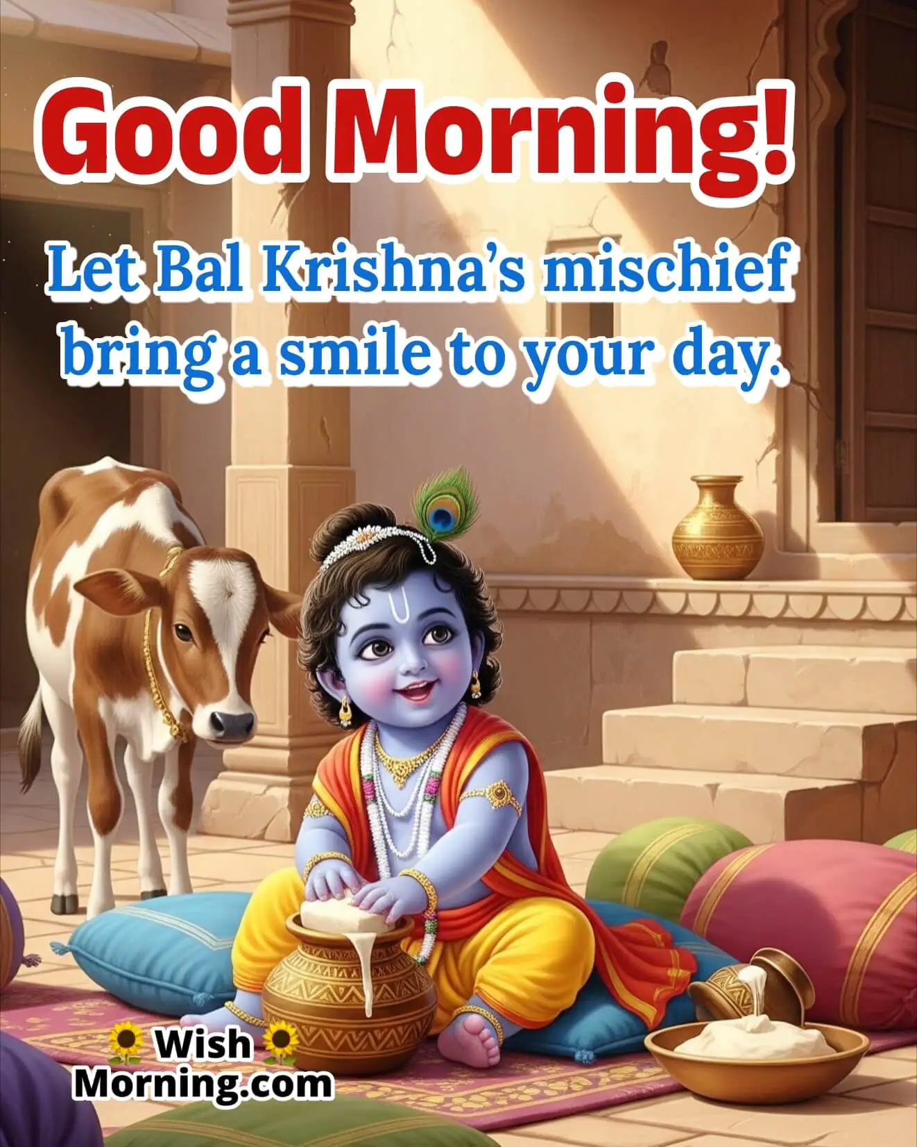 Joyful Baby Krishna Good Morning image showing Bal Krishna playing joyfully with butter, surrounded by soft light and Vrindavan charm.