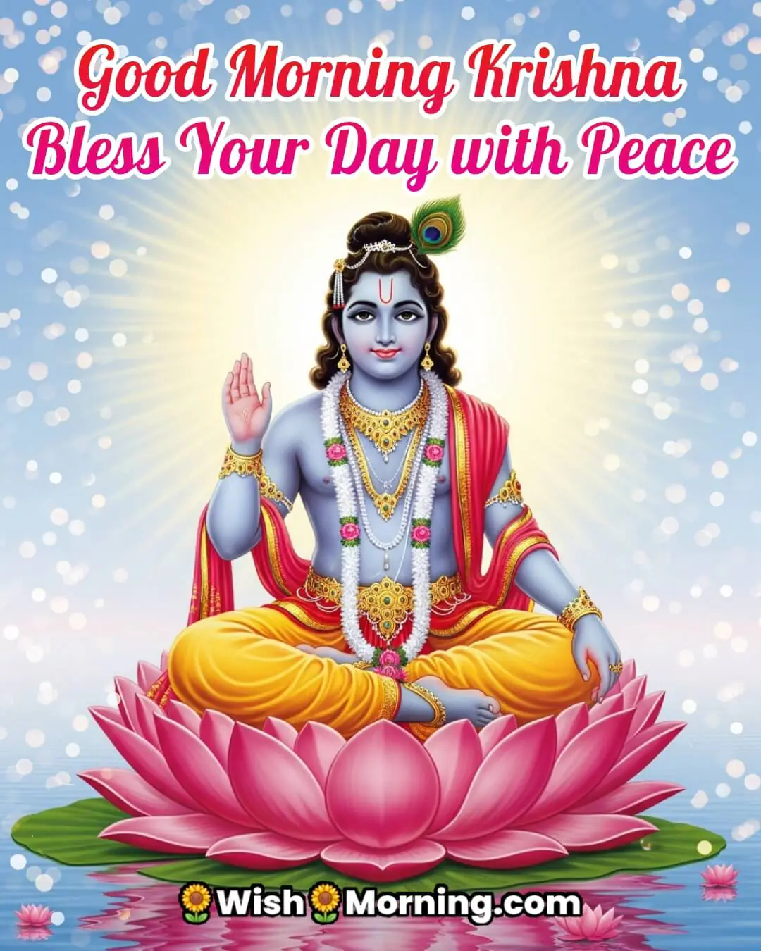 Good Morning Krishna Blessings image on lotus, symbolizing serenity, balance, and divine favor.