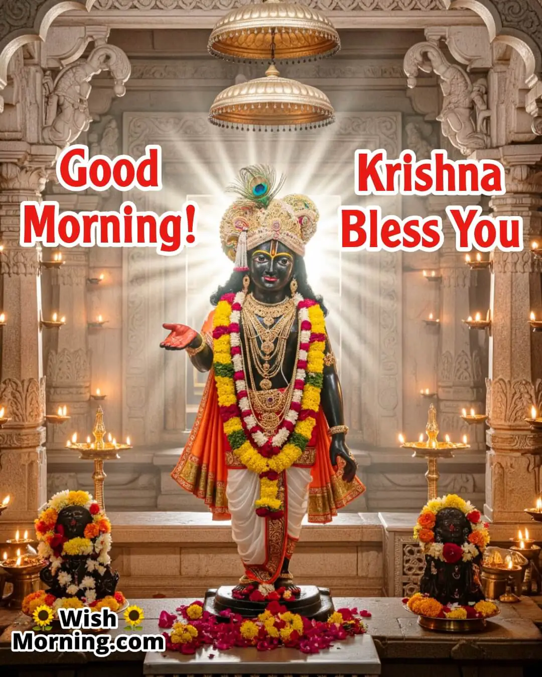 Good Morning Krishna Blessings image featuring temple darshan with divine hand raised in blessing.