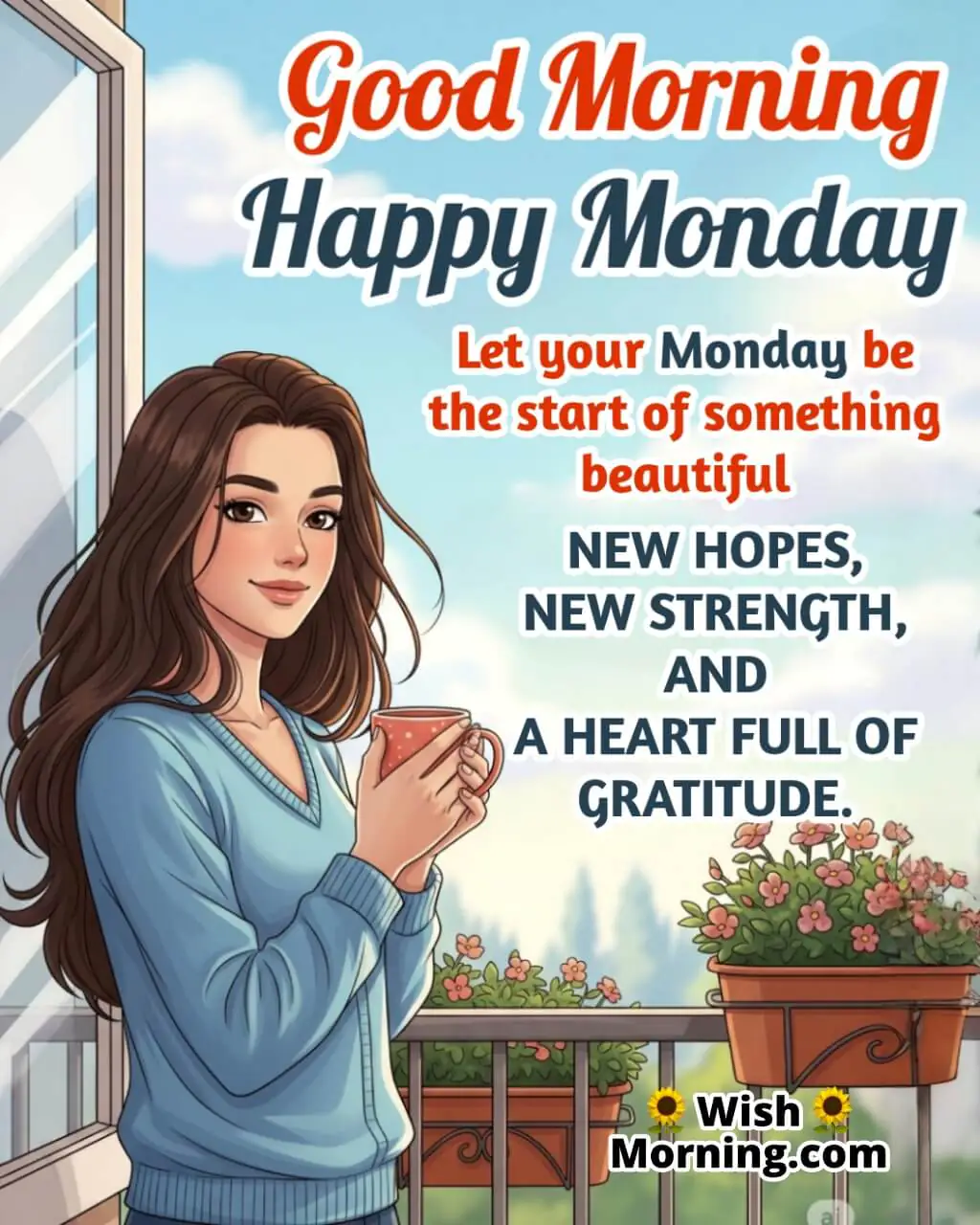 Marvelous Monday Positive Morning Wish image featuring a young woman on a balcony with coffee under a pastel sky symbolizing fresh hope and gratitude for the new week